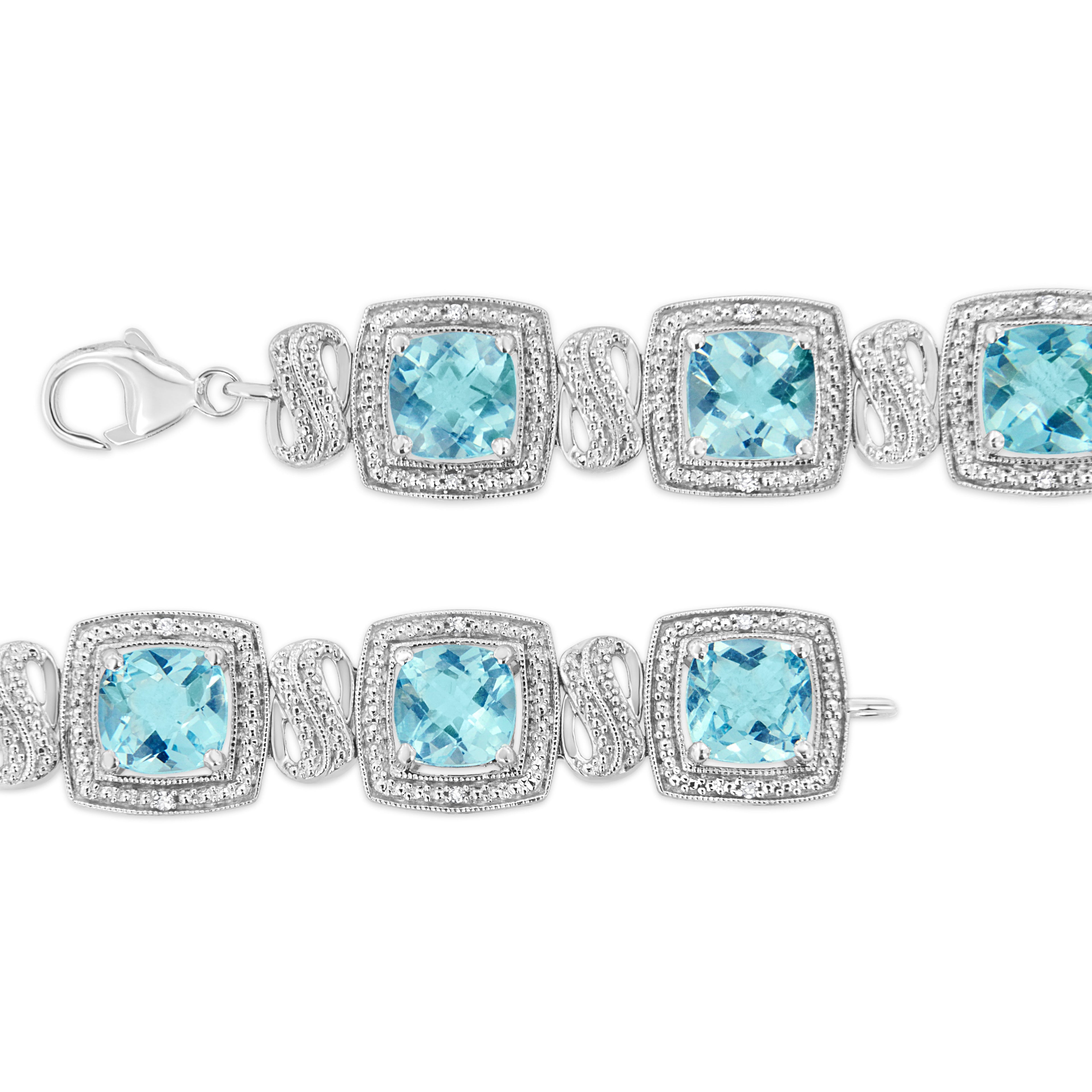 .925 Sterling Silver 7x7 mm Cushion Cut Blue Topaz and 1/10 Ctw Single Cut Diamond Square Shape Tennis Bracelet (I-J Color, I1-I2 Clarity) - 7" DestGlow
