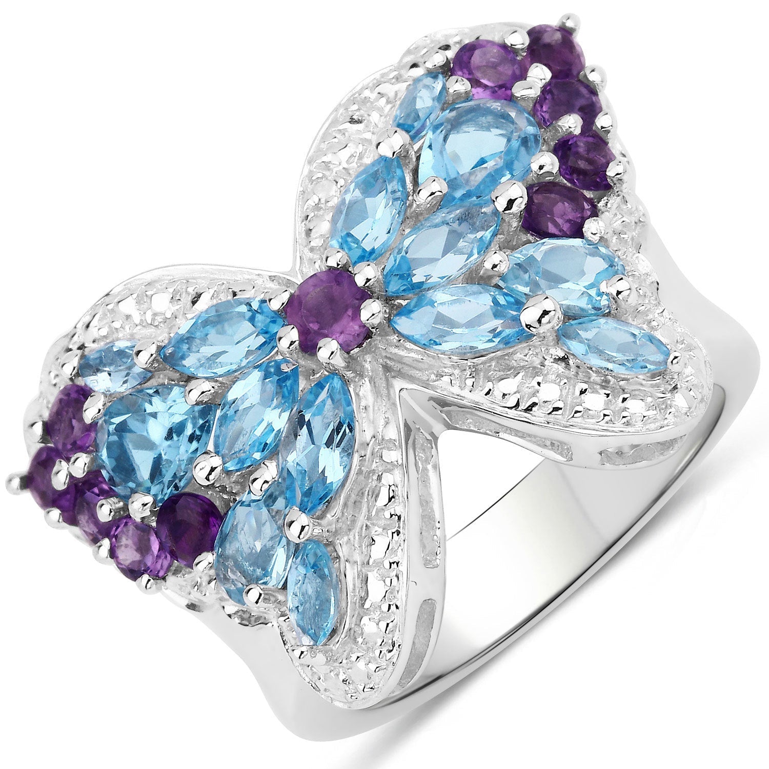 3.56 Carat Genuine Swiss Blue Topaz and Amethyst .925 Sterling Silver Ring DestGlow