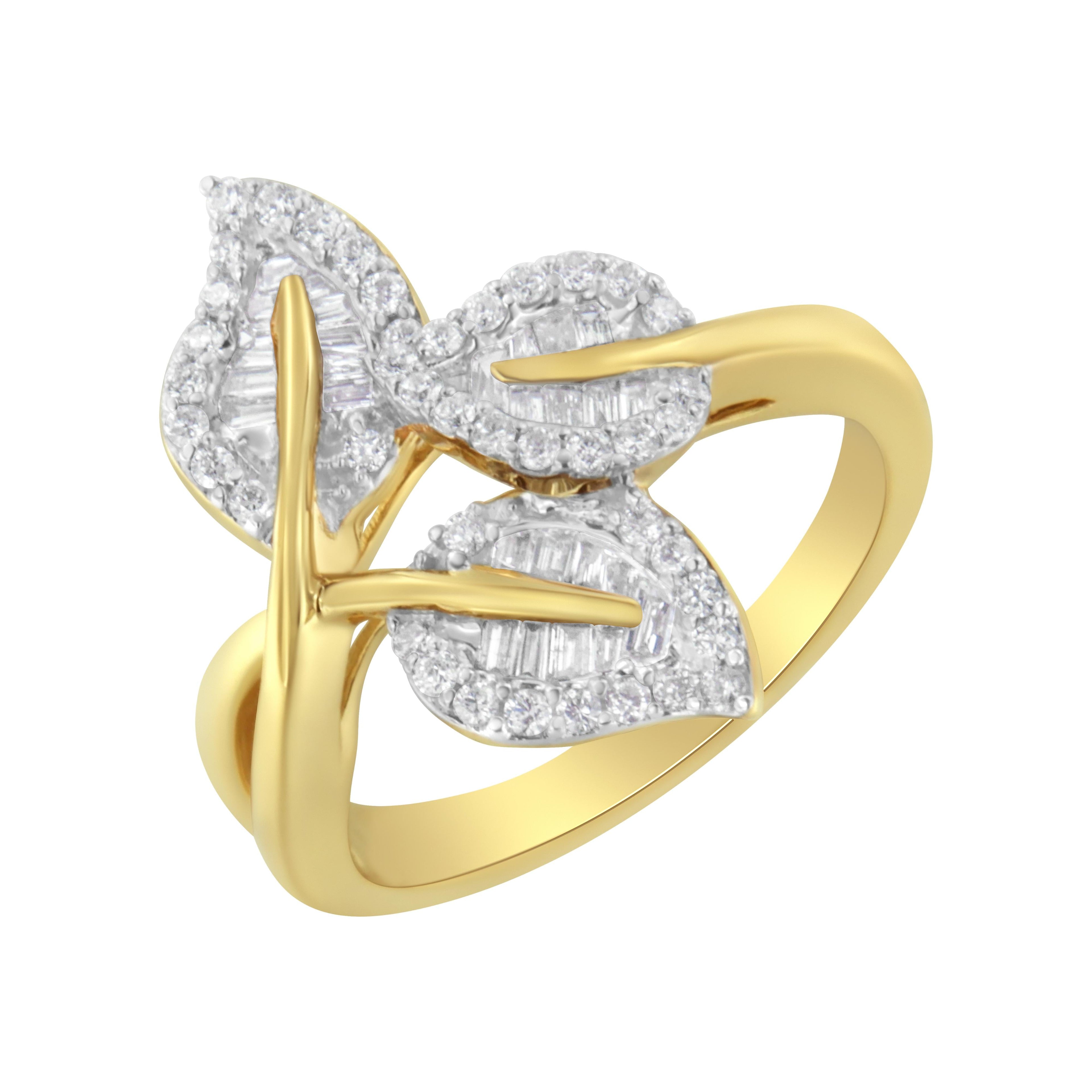 10k Yellow and White Gold 1/2 Cttw Baguette and Round Diamond Bypass Triple Leaf Ring (I-J Color, I1-I2 Clarity) - Size 7 by Bids.com
