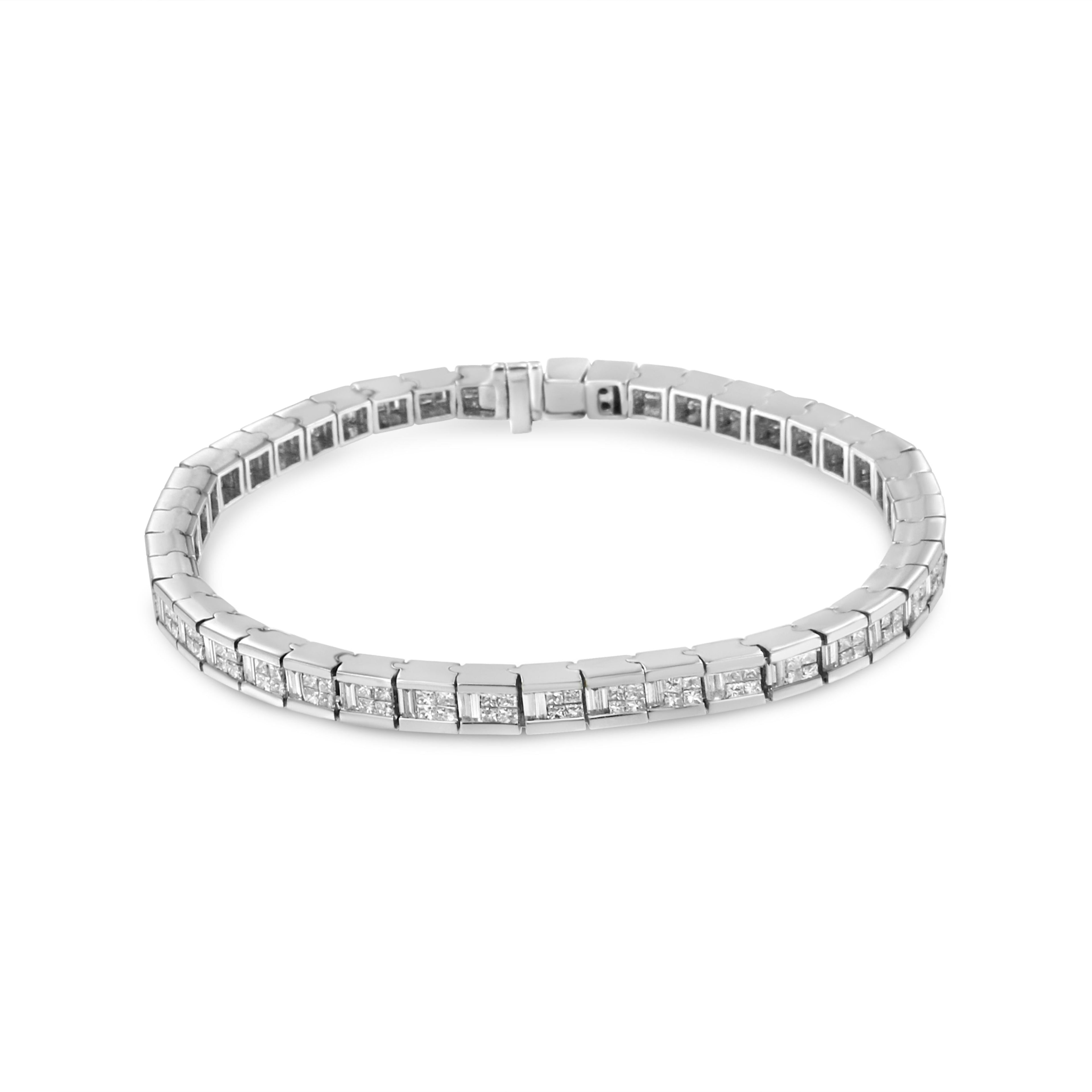 14K White Gold 4 3/8 Cttw Alternating Invisible Set Princess and Baguette Diamond Tennis Bracelet (G-H Color, VS1-VS2 Clarity) - Size 7" by Bids.com