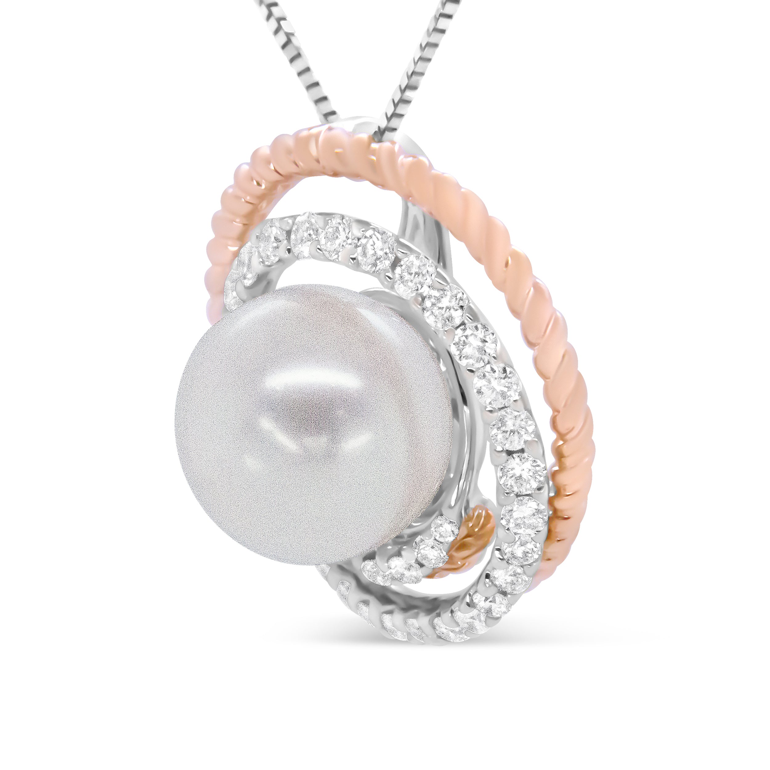 14K Rose and White Gold 3/8 Cttw Pave Diamond and 9mm Round Pearl Spiral Openwork 18" Pendant Necklace- (H-I Color, VS1-VS2 Clarity) DestGlow