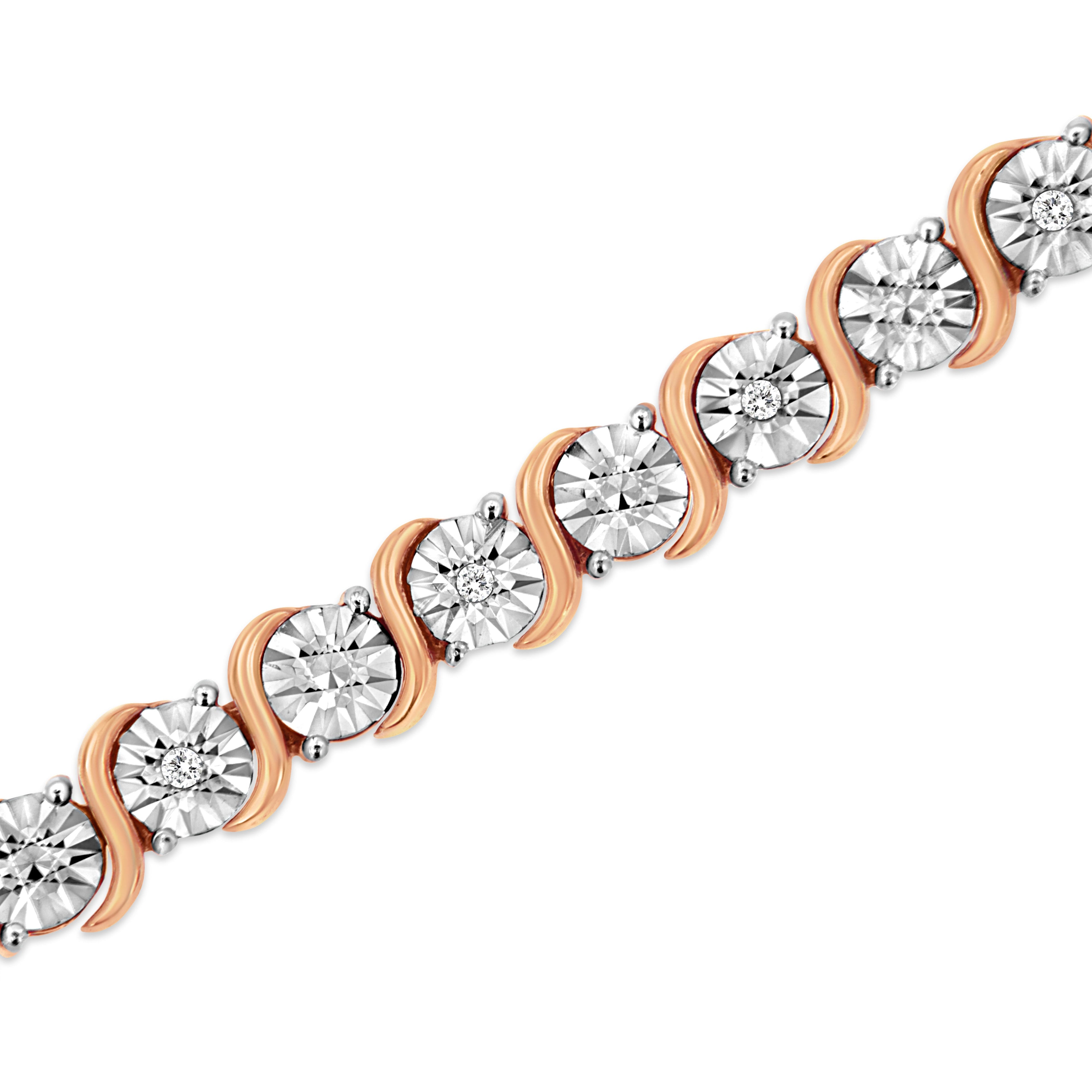 14K Rose Gold Plated .925 Sterling Silver 1/10 Cttw Diamond Round Miracle Plate and "S" Link Tennis Bracelet (I-J Color, I2- I3 Clarity) - 7" by Bids.com