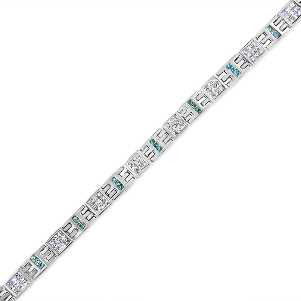 14K White Gold Princess-Cut white and Blue Diamond 3.00 cttw Fashion Link Bracelet (H-I Color, SI1-SI2 Clarity) by Bids.com
