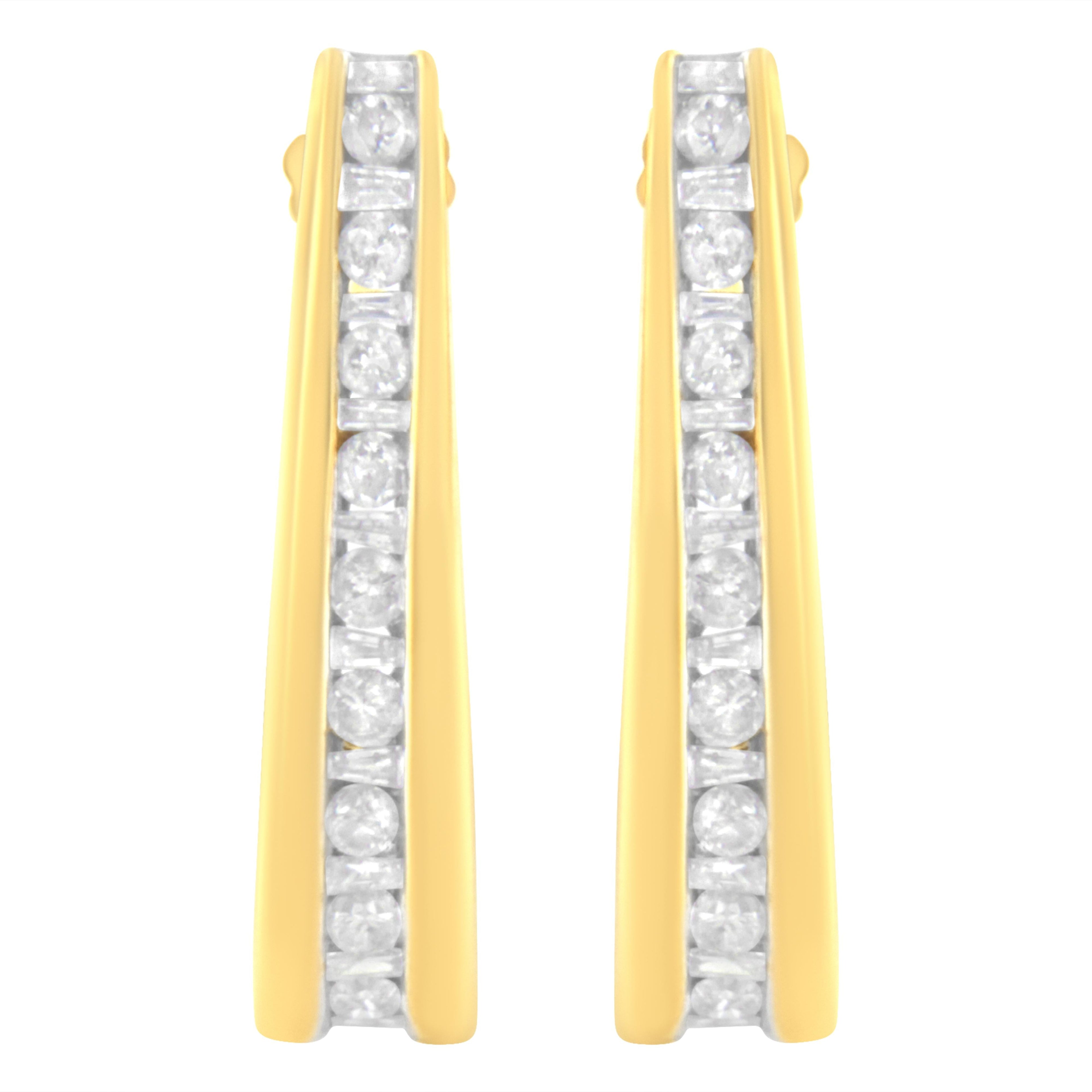 10K Yellow Gold 1 cttw Channel Set Diamond J-Hoop Earrings (H-I Clarity, I1-I2 Color) by Bids.com