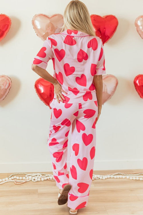 Women's Valentine's Day Pajama Set - Heart Print Short Sleeve Shirt & Pants
