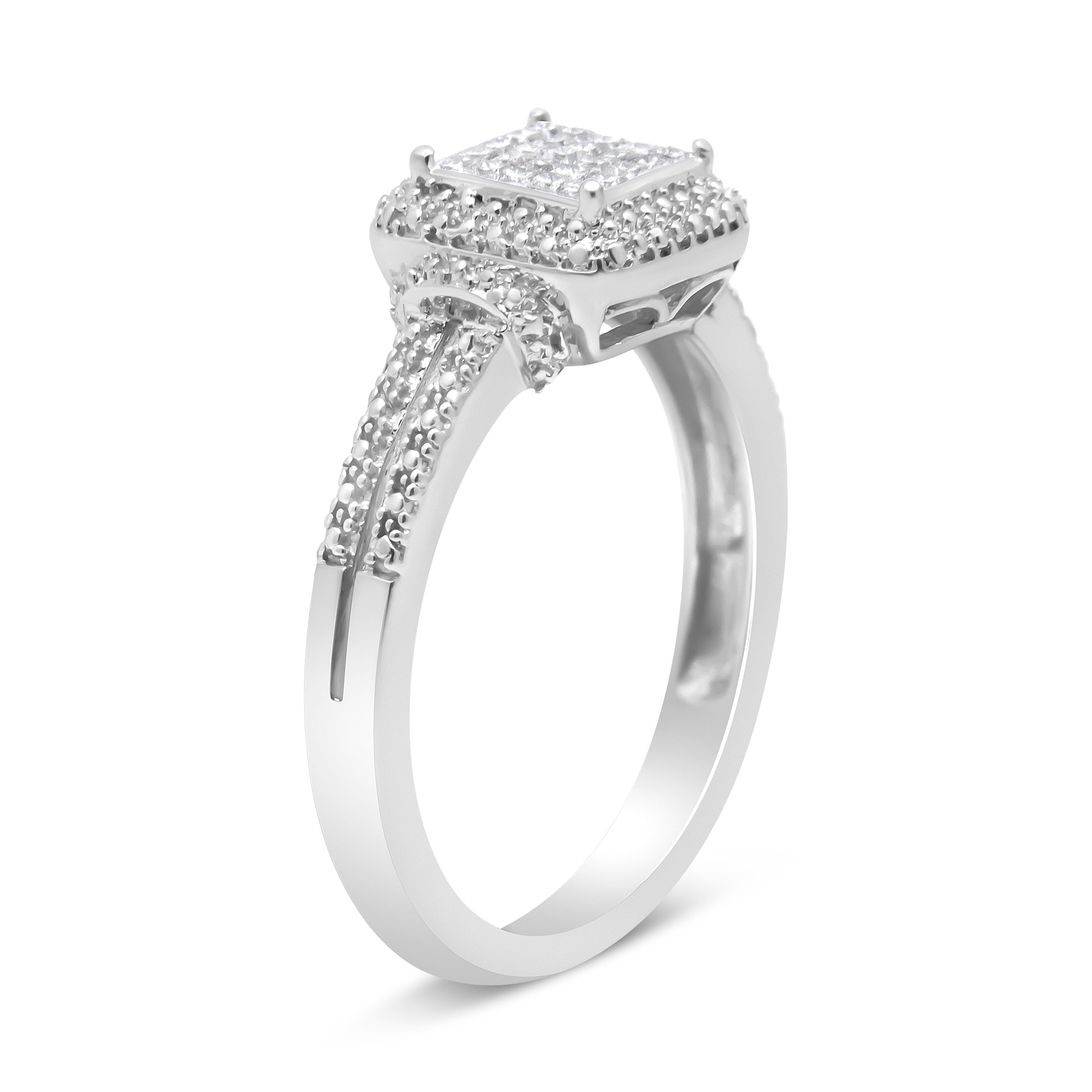 .925 Sterling Silver 1/4 Cttw Princess-cut Diamond Composite Ring with Beaded Halo (H-I Color, SI1-SI2 Clarity) - Size 7 by Bids.com