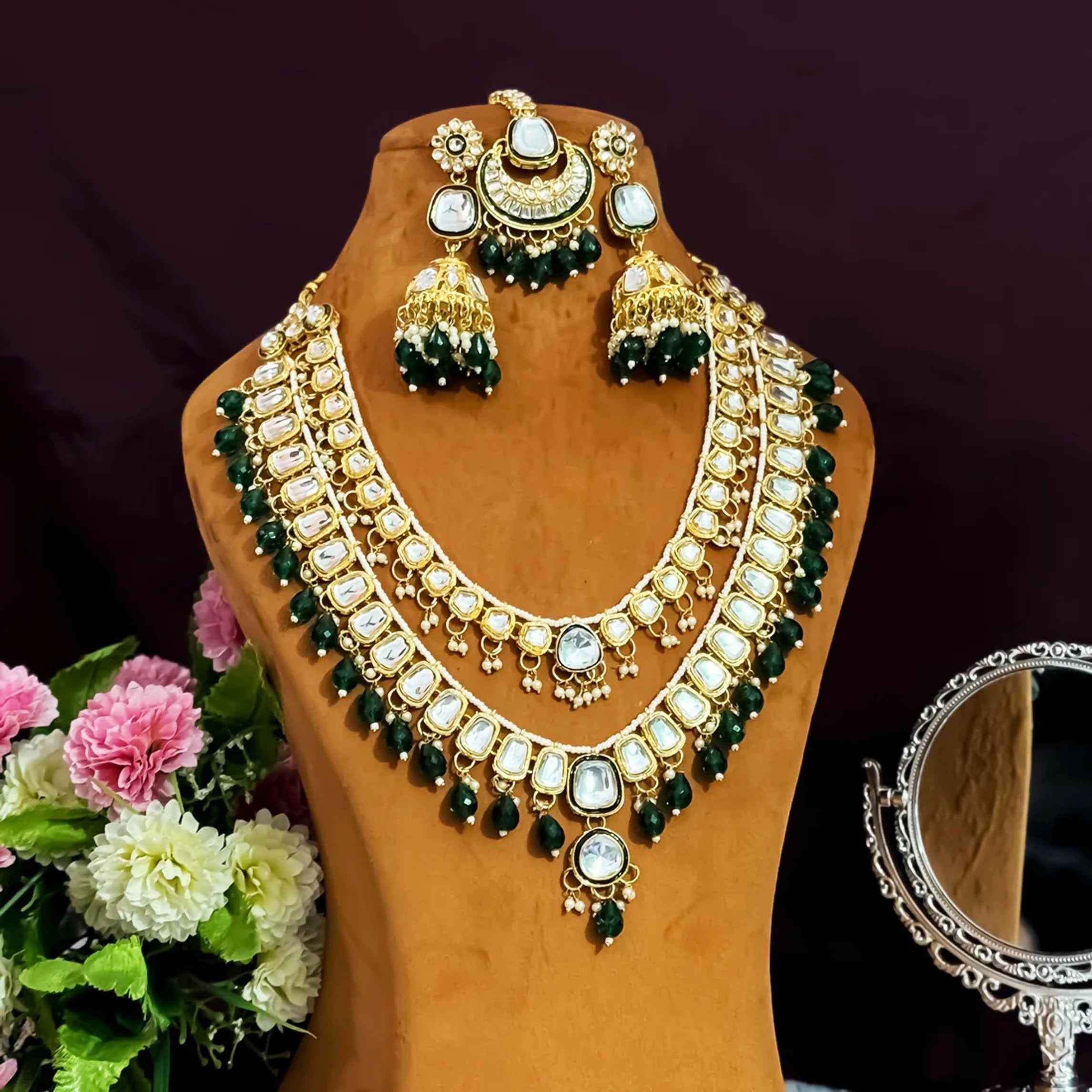 Joban Fashion Kundan Long Necklace Set - Bottle Green