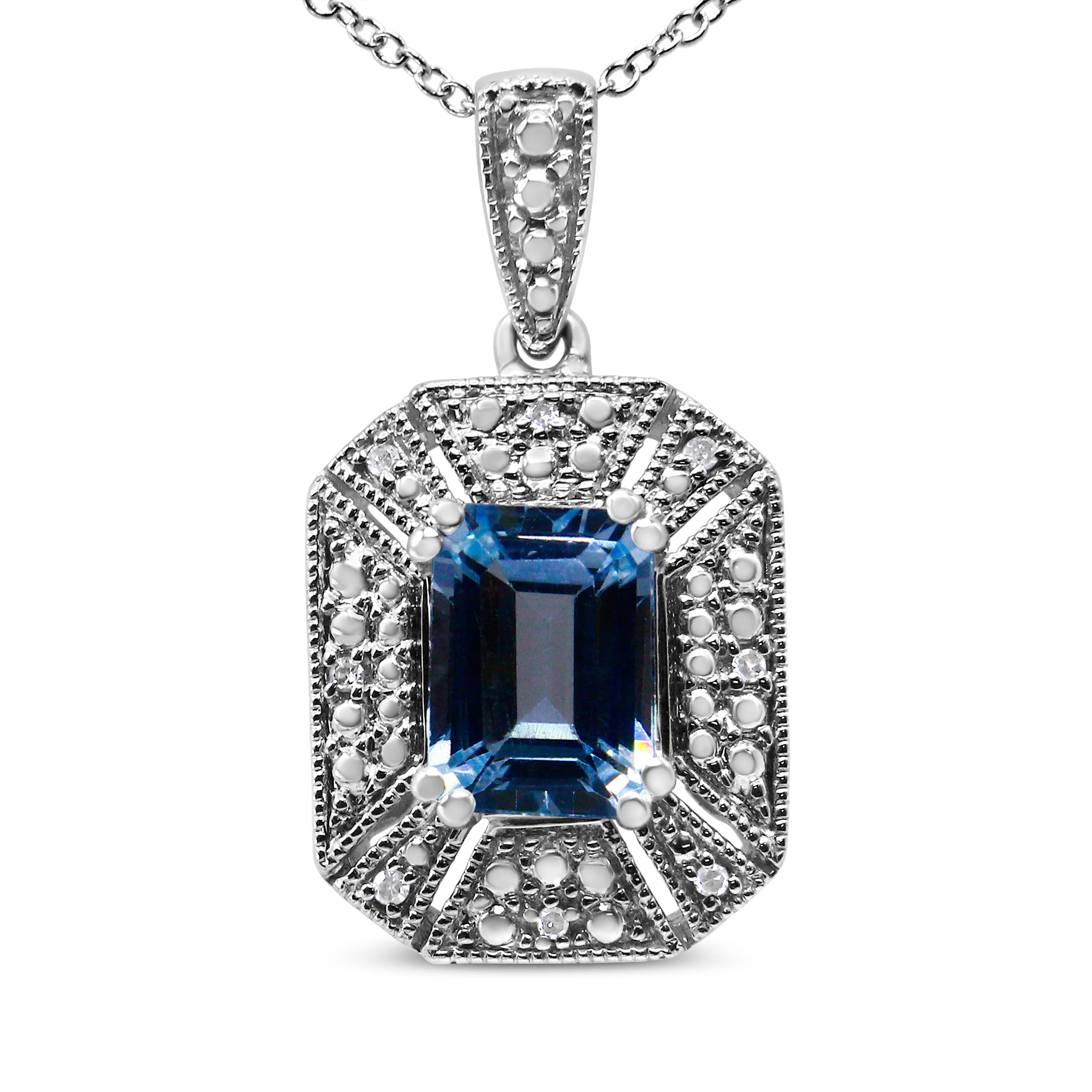 .925 Sterling Silver Blue Topaz and Diamond Accent Art Deco Style 18" Pendant Necklace (I-J Color, I1-I2 Clarity) DestGlow