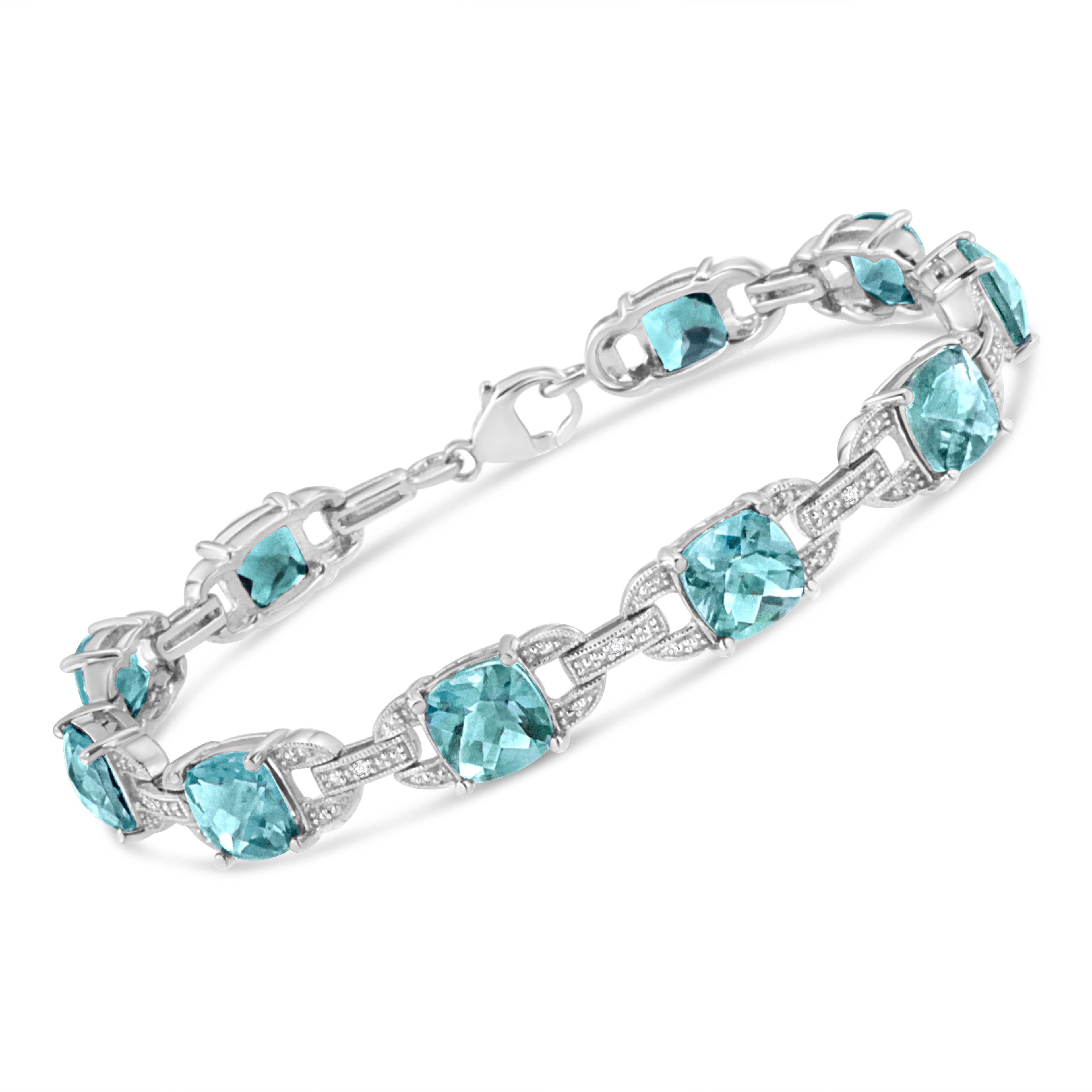 .925 Sterling Silver 7x7 mm Cushion Cut Blue Topaz and 1/20 cttw Round Cut Diamond Fashion Tennis Bracelet (I-J Color, I1-I2 Clarity) - 7" DestGlow