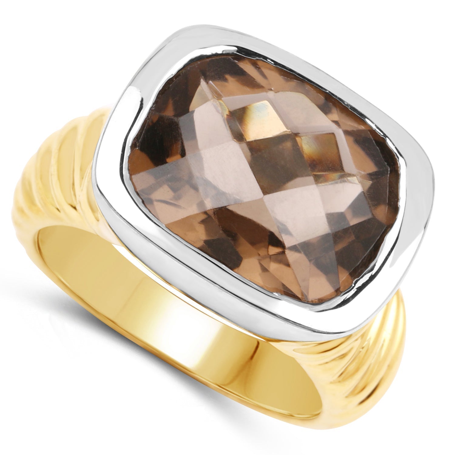 Two Tone Plated 7.53 Carat Genuine Smoky Quartz .925 Sterling Silver Ring DestGlow