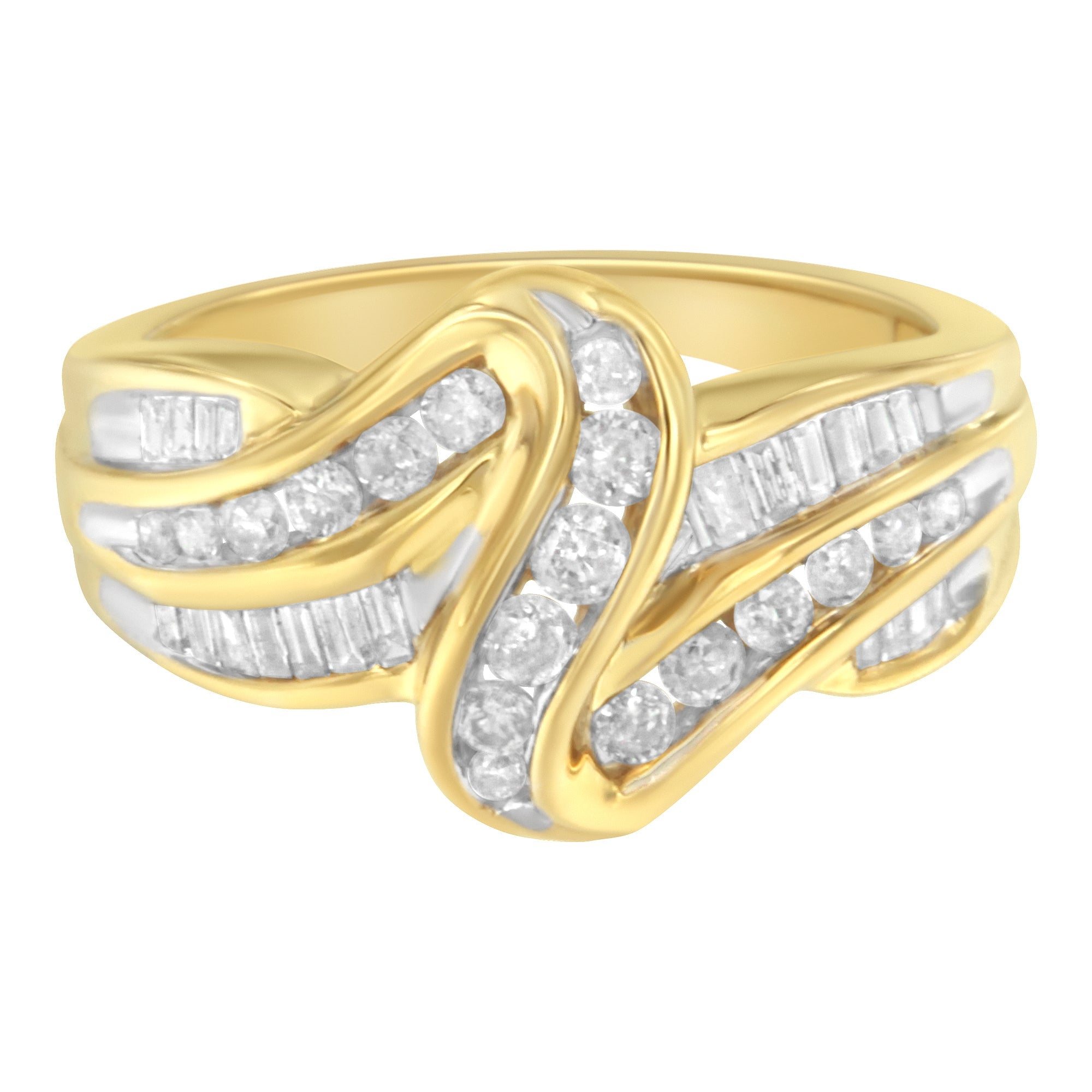 10K Yellow Gold 3/4 Cttw Channel Set Round and Baguette-cut Diamond Double Shank Bypass Ring (J-K Color, I1-I2 Clarity) - Size 6.75 by Bids.com