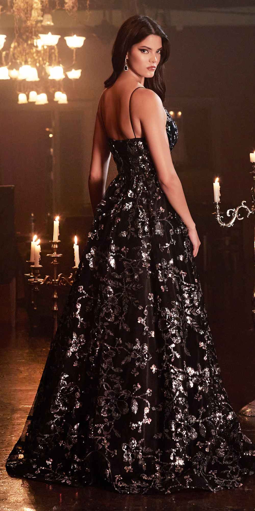 Cinderella Divine CB073 Floor Length Luminescent Floral Sequin Print Ball Gown by DiscountDressShop