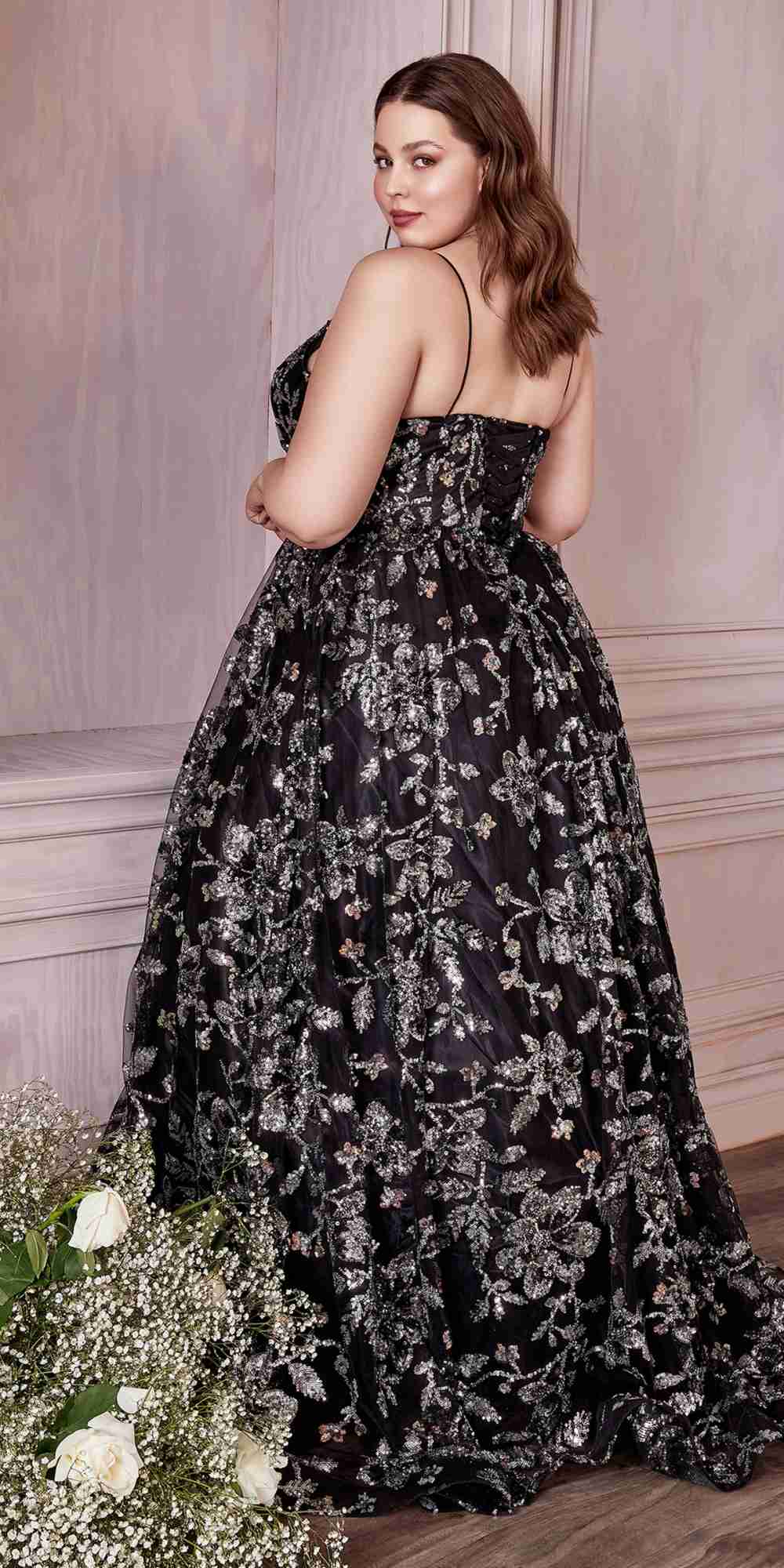 Cinderella Divine CB073 Floor Length Luminescent Floral Sequin Print Ball Gown by DiscountDressShop