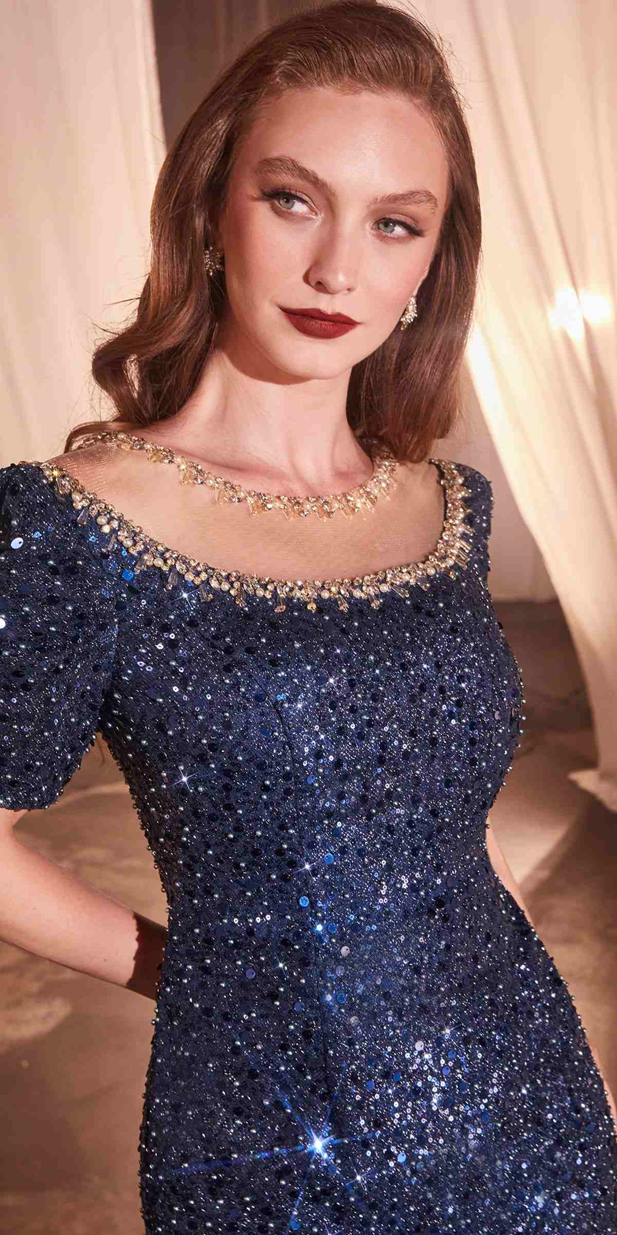 Ladivine CB151 Long Cap Sleeve Fitted Sequin Gown by DiscountDressShop