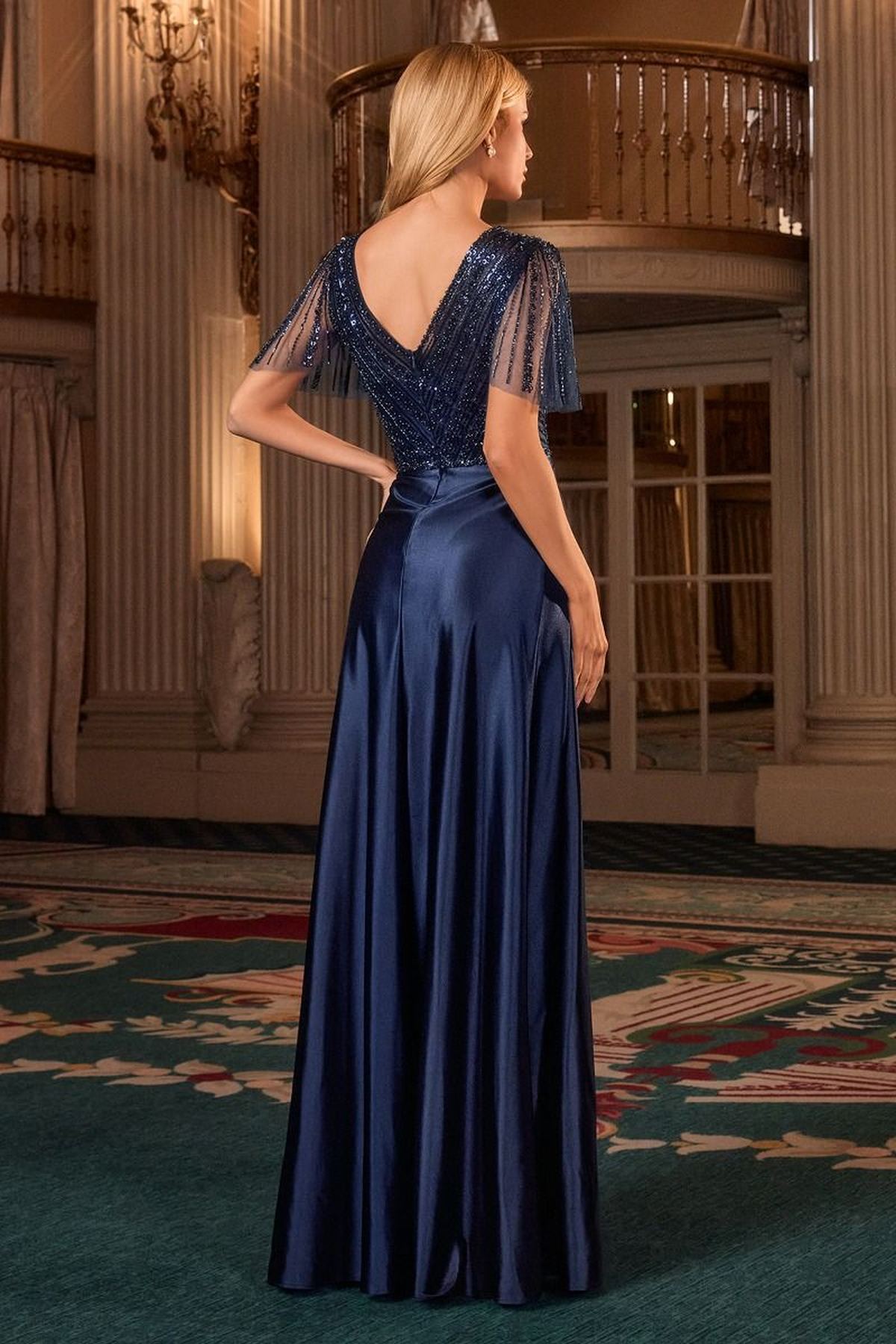 Ladivine CC447 Flutter Sleeves V-Neckline A-Line Satin Evening Gown by DiscountDressShop