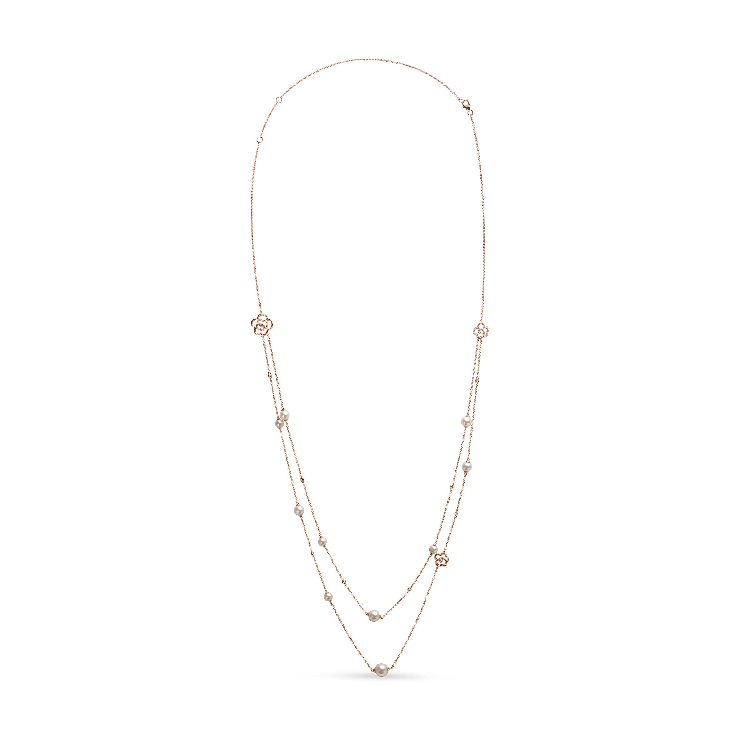 18K Rose Gold 1/2 Cttw Diamond and Freshwater Pearl Double Strand Station Necklace (G-H Color, SI1-SI2 Clarity) - Adjustable up to 16" to 20" by Bids.com