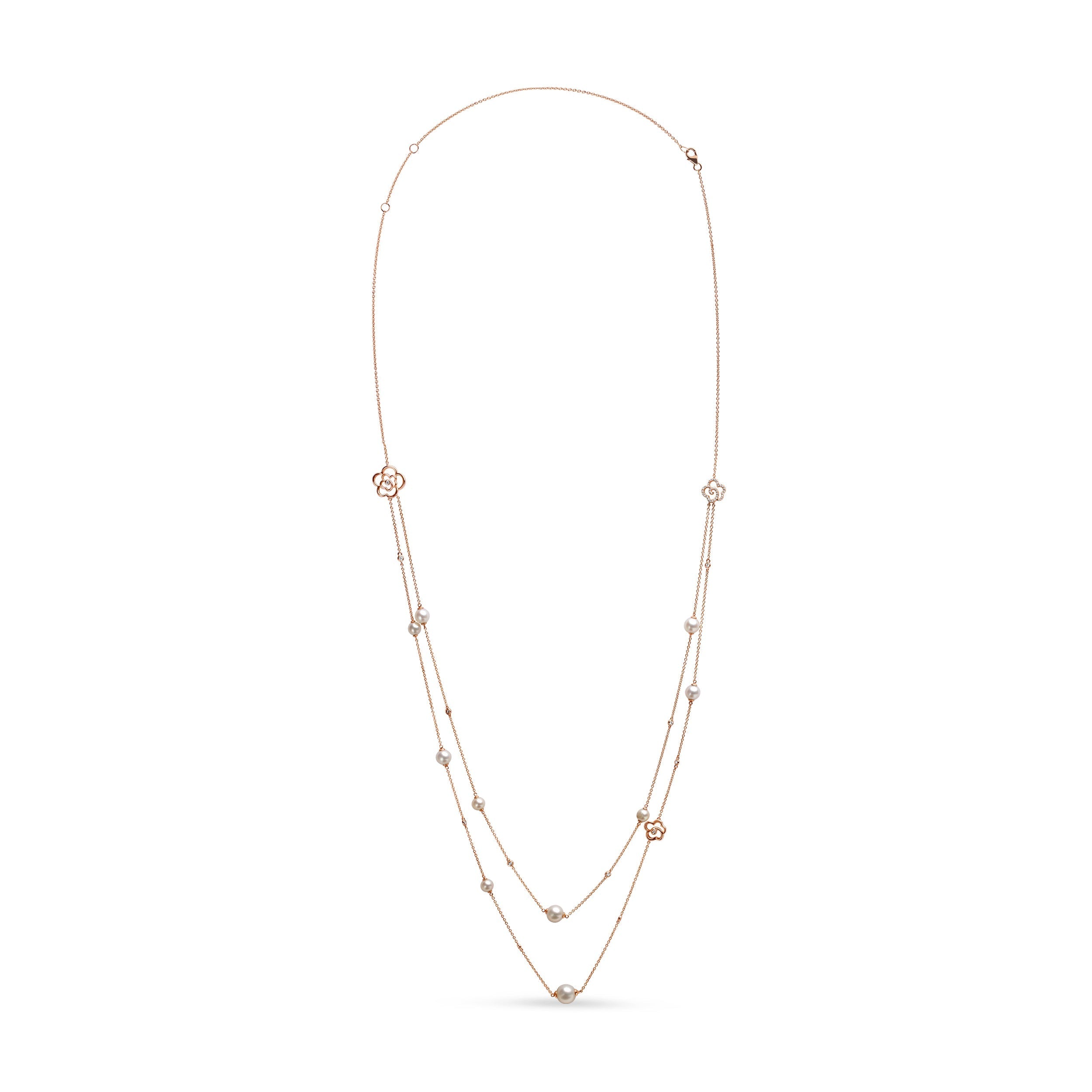 18K Rose Gold 1/2 Cttw Diamond and Freshwater Pearl Double Strand Station Necklace (G-H Color, SI1-SI2 Clarity) - Adjustable up to 16" to 20"