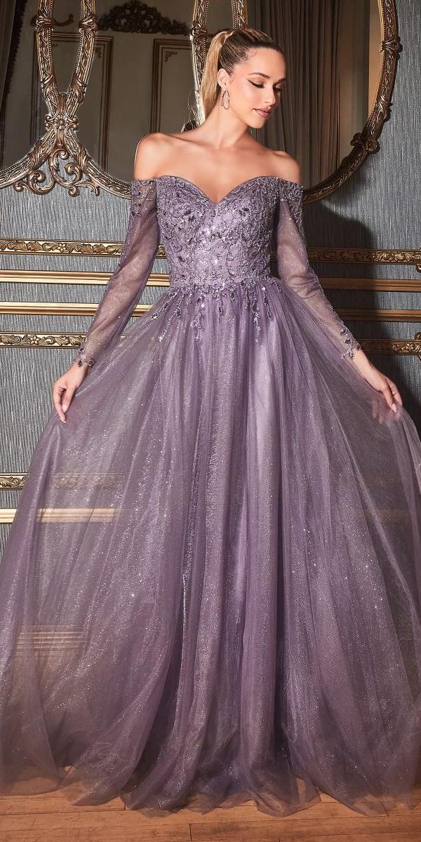 Cinderella Divine CD0172 A-Line Layered Tulle Gown Off The Shoulder Long Sleeve by DiscountDressShop