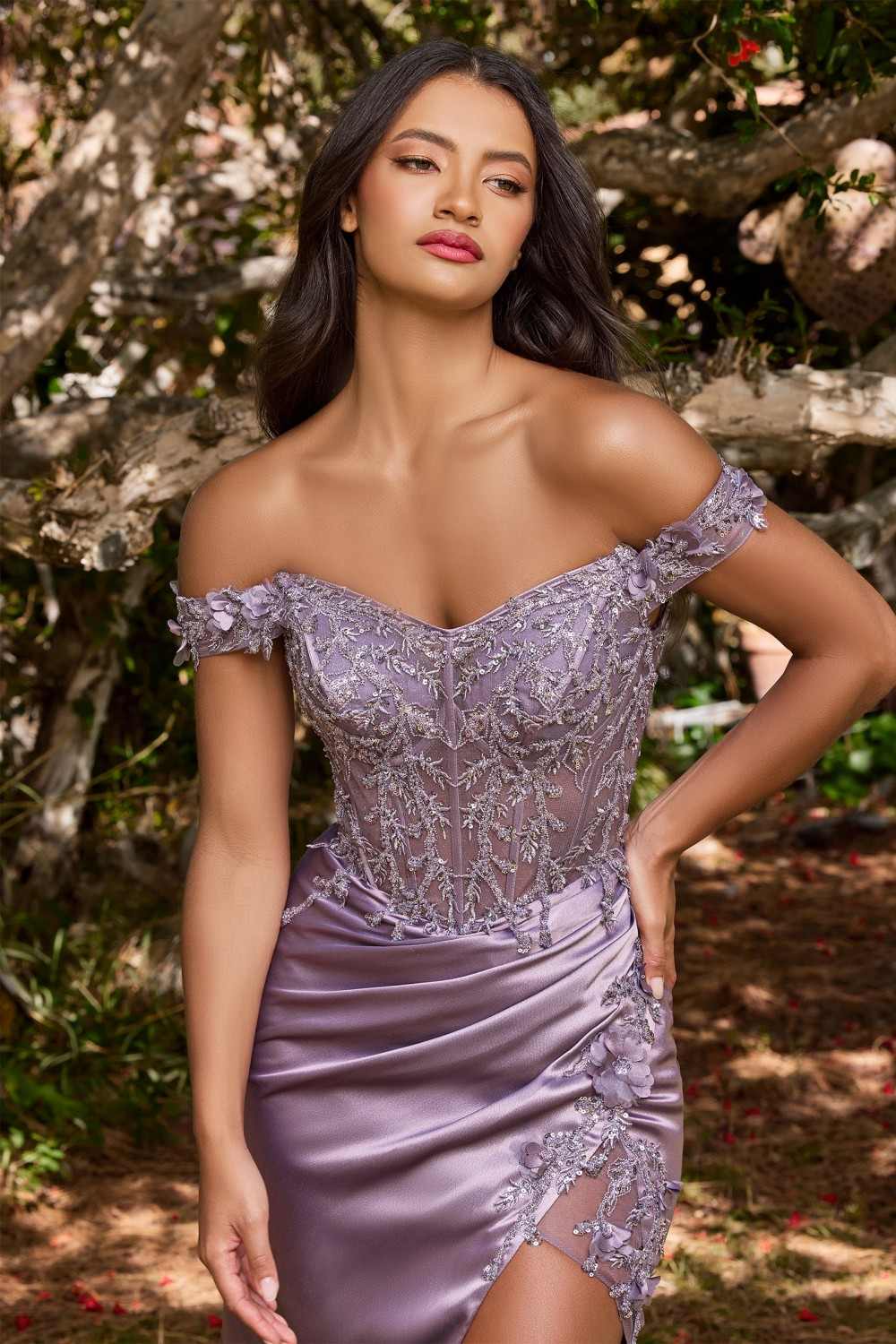 Cinderella Divine CD0186 Long Floral Off the Shoulder Gown with Slit by DiscountDressShop
