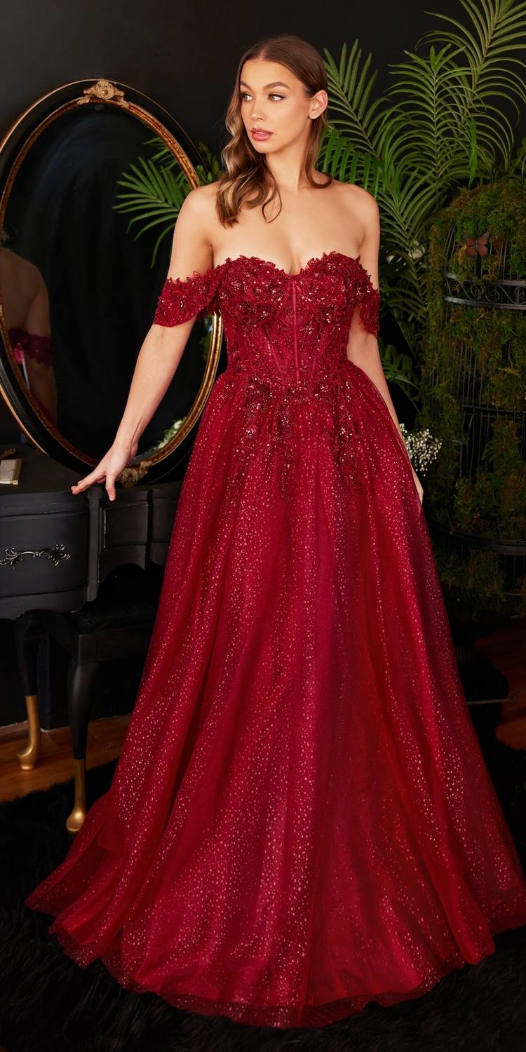 Cinderella Divine CD0198 Long Lace A-Line Gown with Off the Shoulder Sleeves by DiscountDressShop