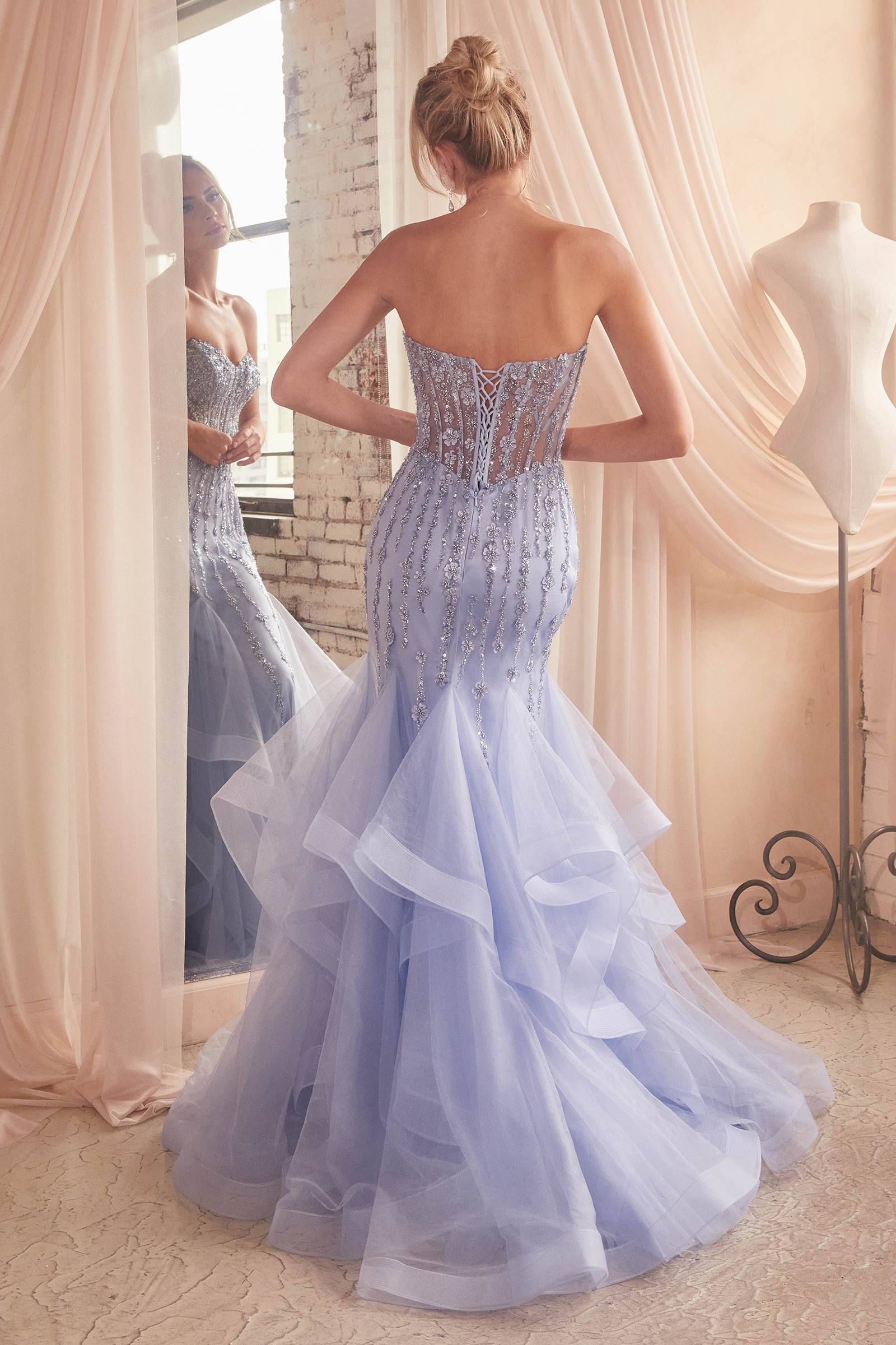 Ladivine CD332 Long Layered Tulle Tiered Mermaid Gown Sheer Boned Bodice by DiscountDressShop