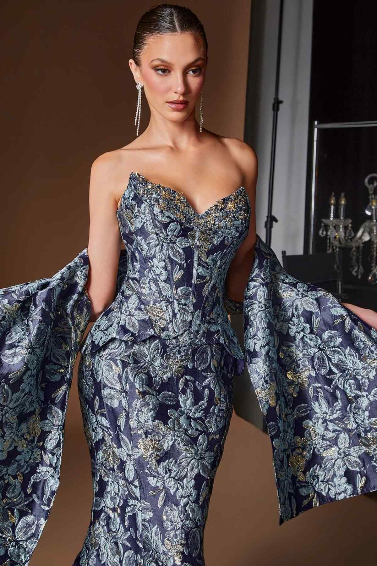 Ladivine CD655 Luxurious Floral Jacquard Fitted Mermaid Gown DestGlow