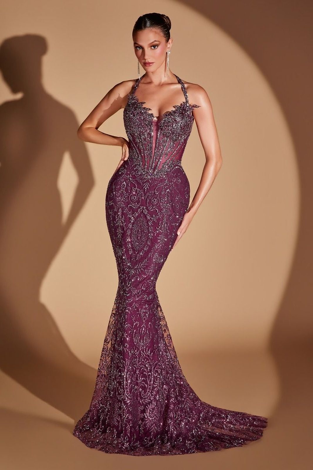 Ladivine CD695 Halter Neck Crystal Sequin Plunging Mermaid Dress by DiscountDressShop