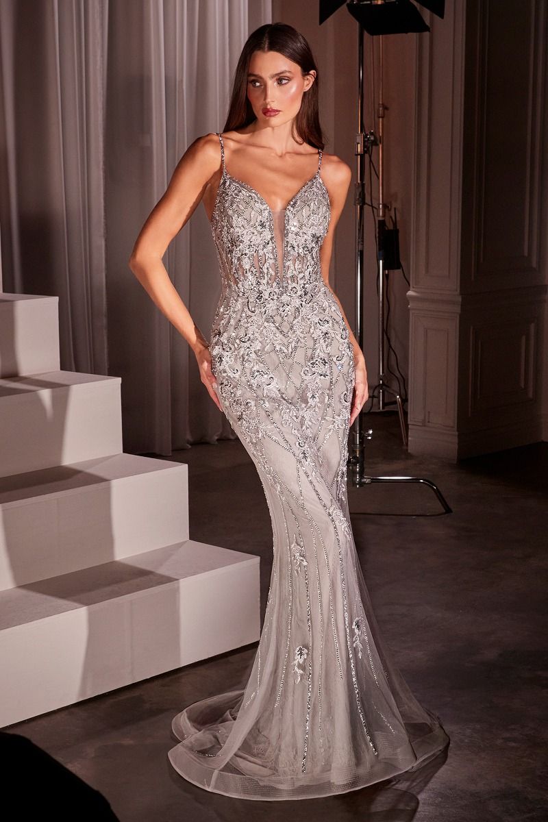 Ladivine CD795 Dress Lace & Tulle Crystal Embellished Fitted Gown by DiscountDressShop