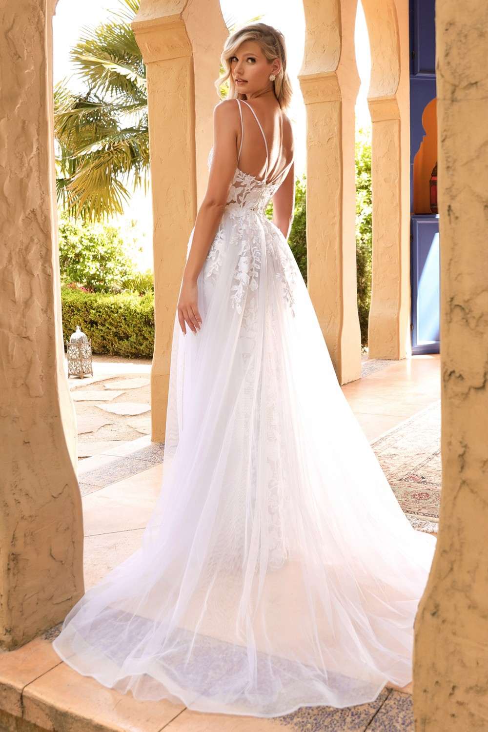 Cinderella Divine CD931W Lace Wedding Gown Sheer Overlay Lace Applique by DiscountDressShop