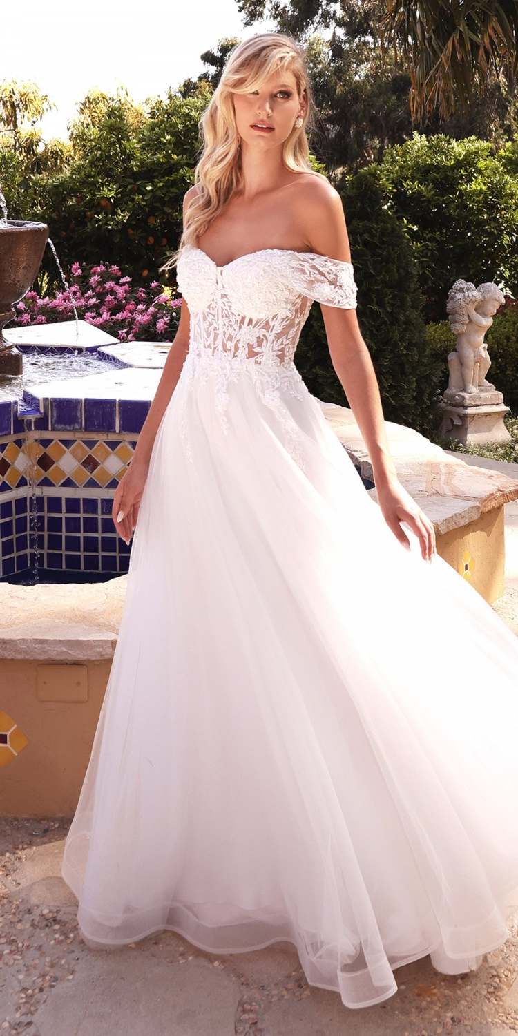 Cinderella Divine CD961W Long Lace Off the Shoulder Bridal Gown by DiscountDressShop