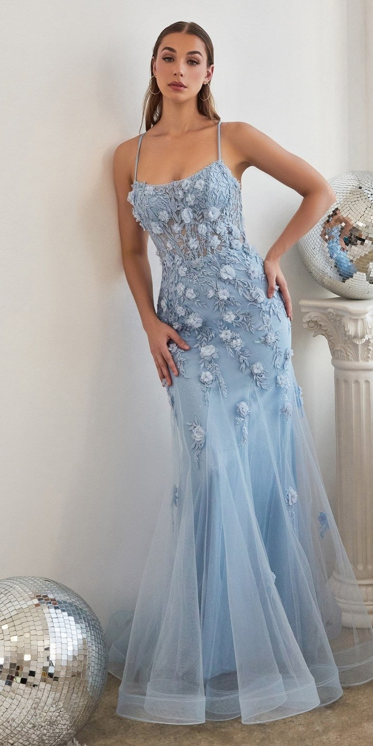 Ladivine CD995 Floor Length Fitted Floral Applique Tulle Gown by DiscountDressShop