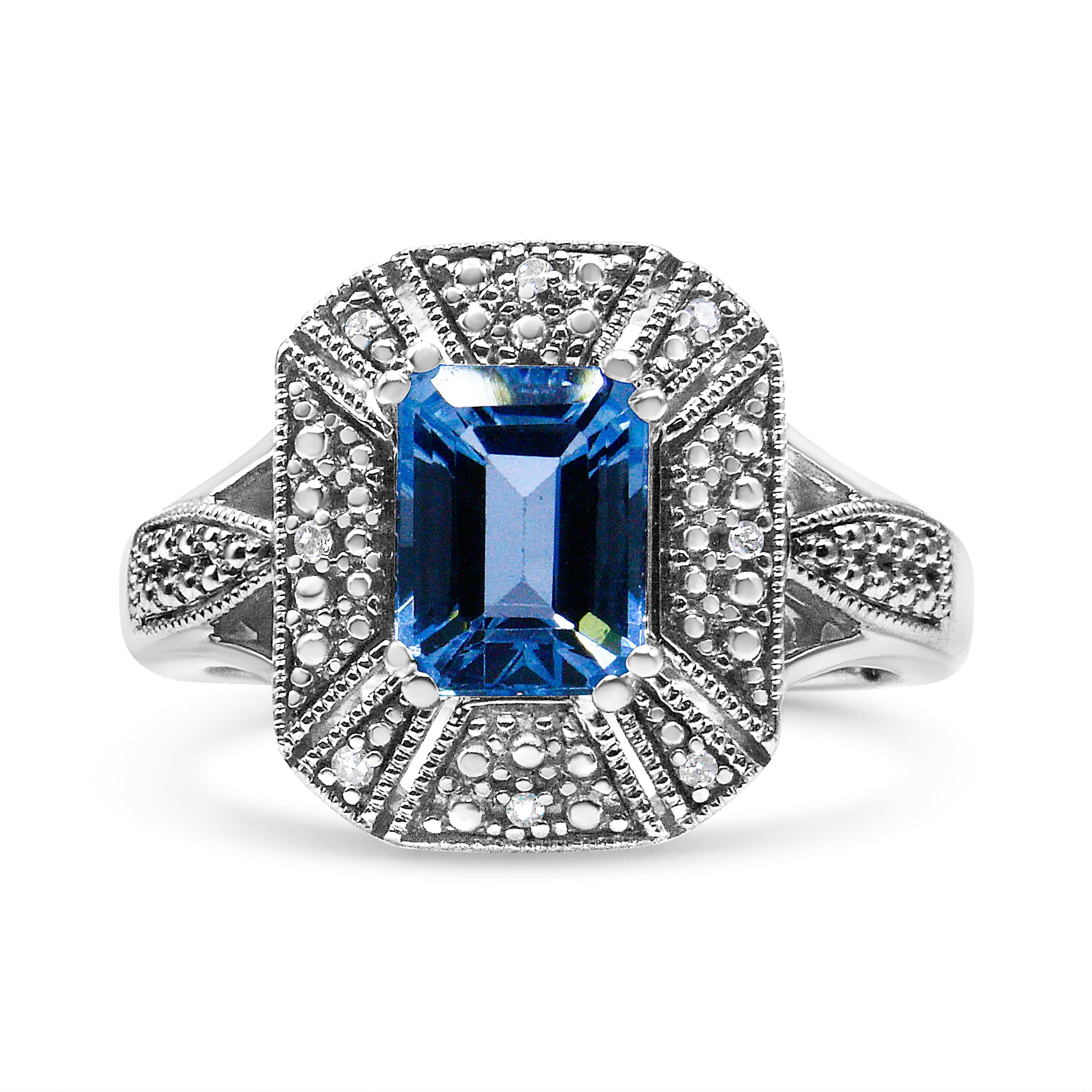 .925 Sterling Silver Diamond Accent and 8X6 mm Emerald-Shape Blue Topaz Ring (I-J Color, I2-I3 Clarity) - Ring Size 7 DestGlow