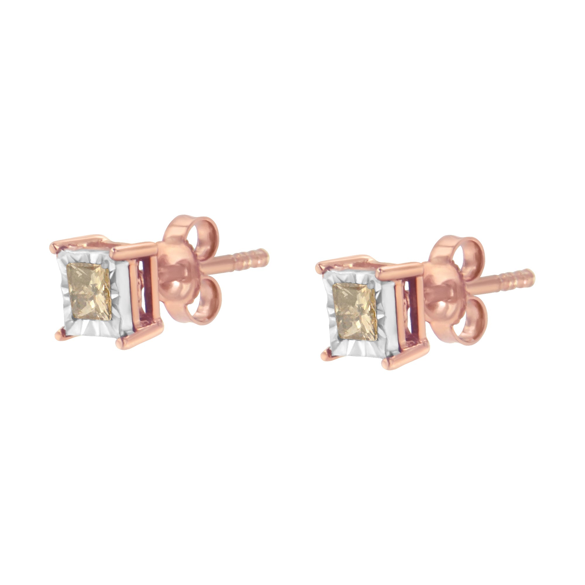 14K Rose Gold Plated Two-Tone .925 Sterling Silver 1/2 Cttw Princess-Cut Square Diamond Solitaire Miracle-Plate Stud Earrings (K-L Color, I2-I3 Clarity) by Bids.com
