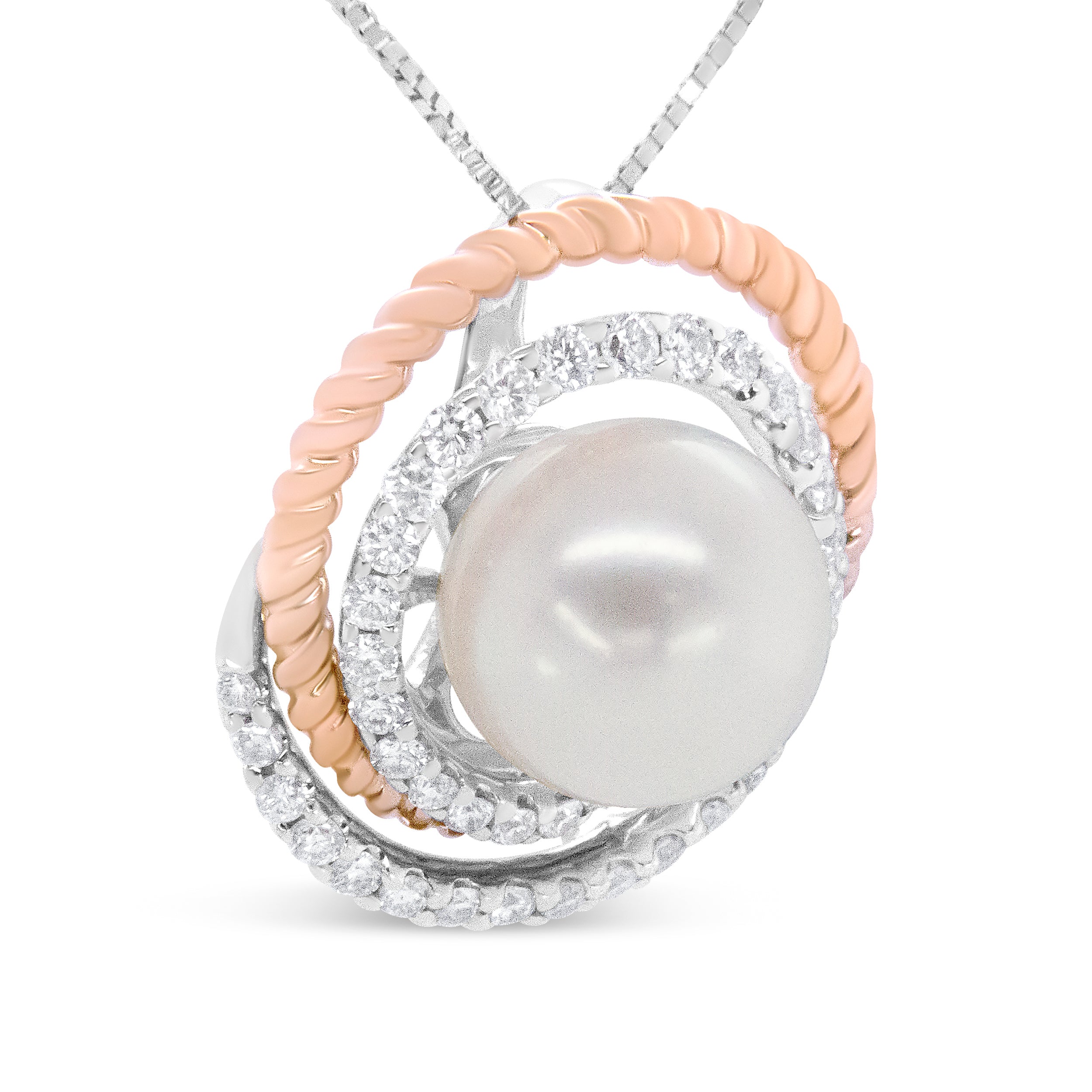 14K Rose and White Gold 3/8 Cttw Pave Diamond and 9mm Round Pearl Spiral Openwork 18" Pendant Necklace- (H-I Color, VS1-VS2 Clarity) DestGlow