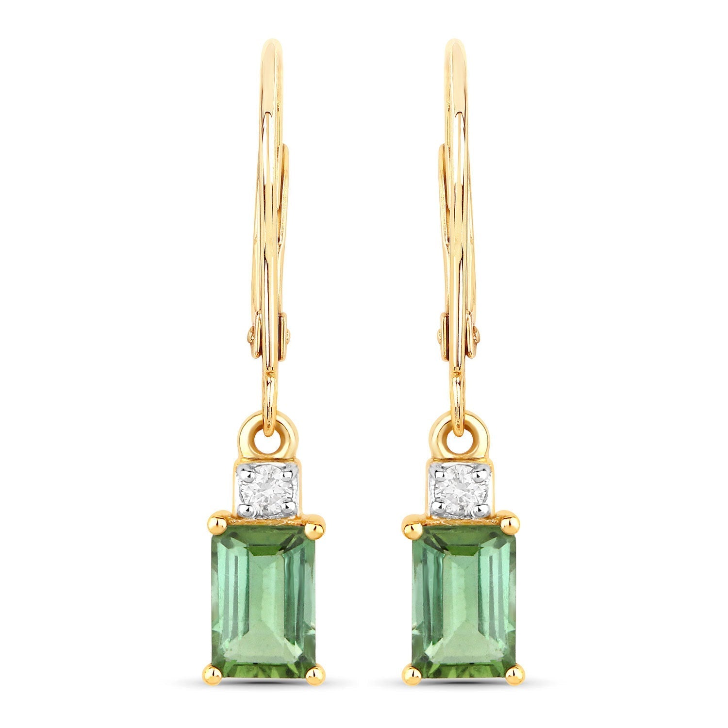 1.28 Carat Genuine Green Tourmaline and White Diamond 14K Yellow Gold Earrings DestGlow