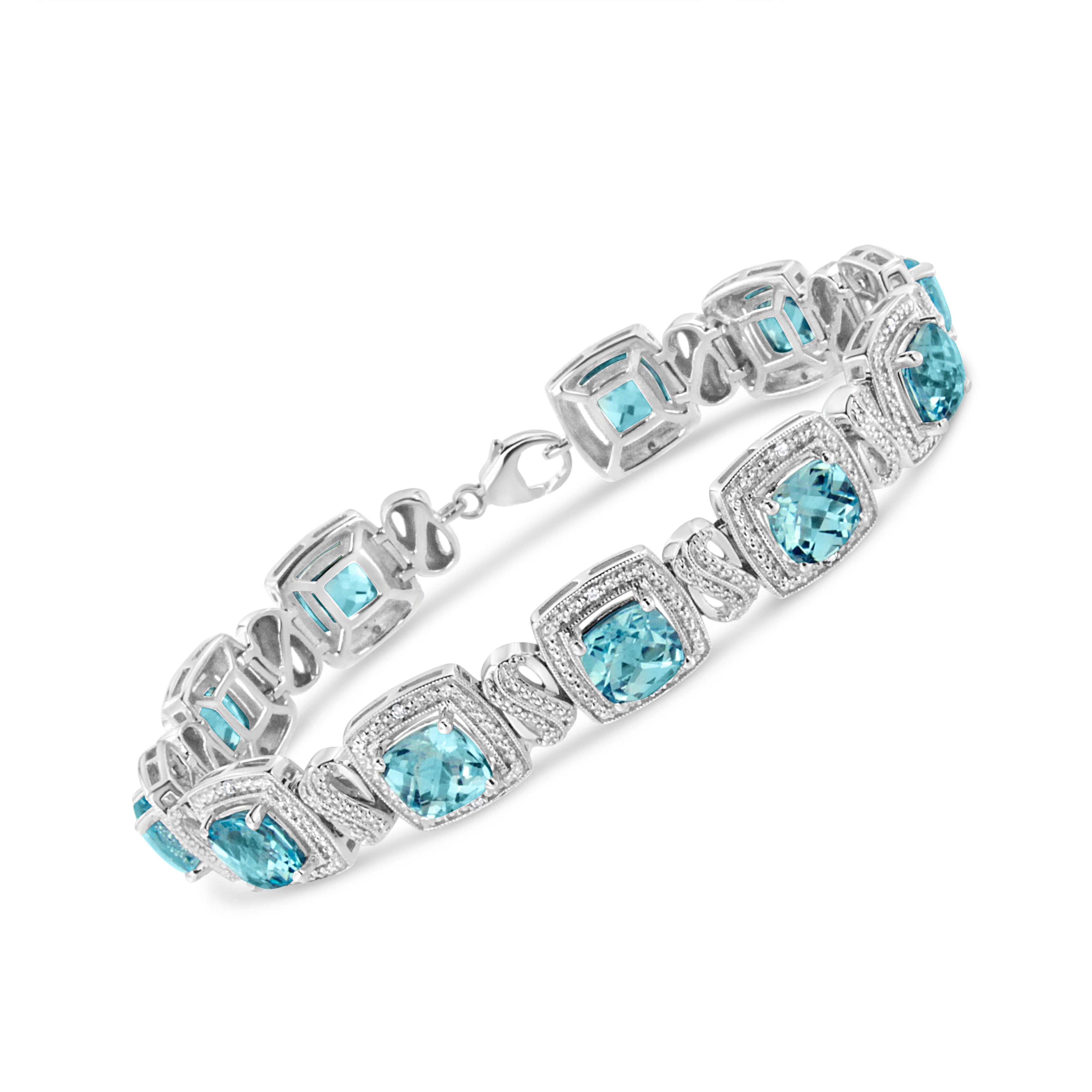 .925 Sterling Silver 7x7 mm Cushion Cut Blue Topaz and 1/10 Ctw Single Cut Diamond Square Shape Tennis Bracelet (I-J Color, I1-I2 Clarity) - 7" DestGlow