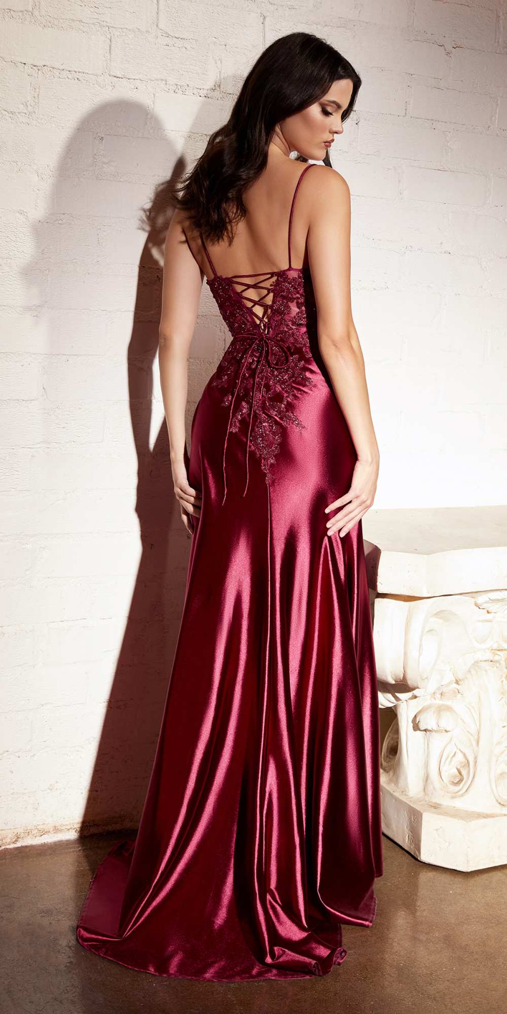 Ladivine CM318 Lace & Satin Dress with Leg Slit by DiscountDressShop