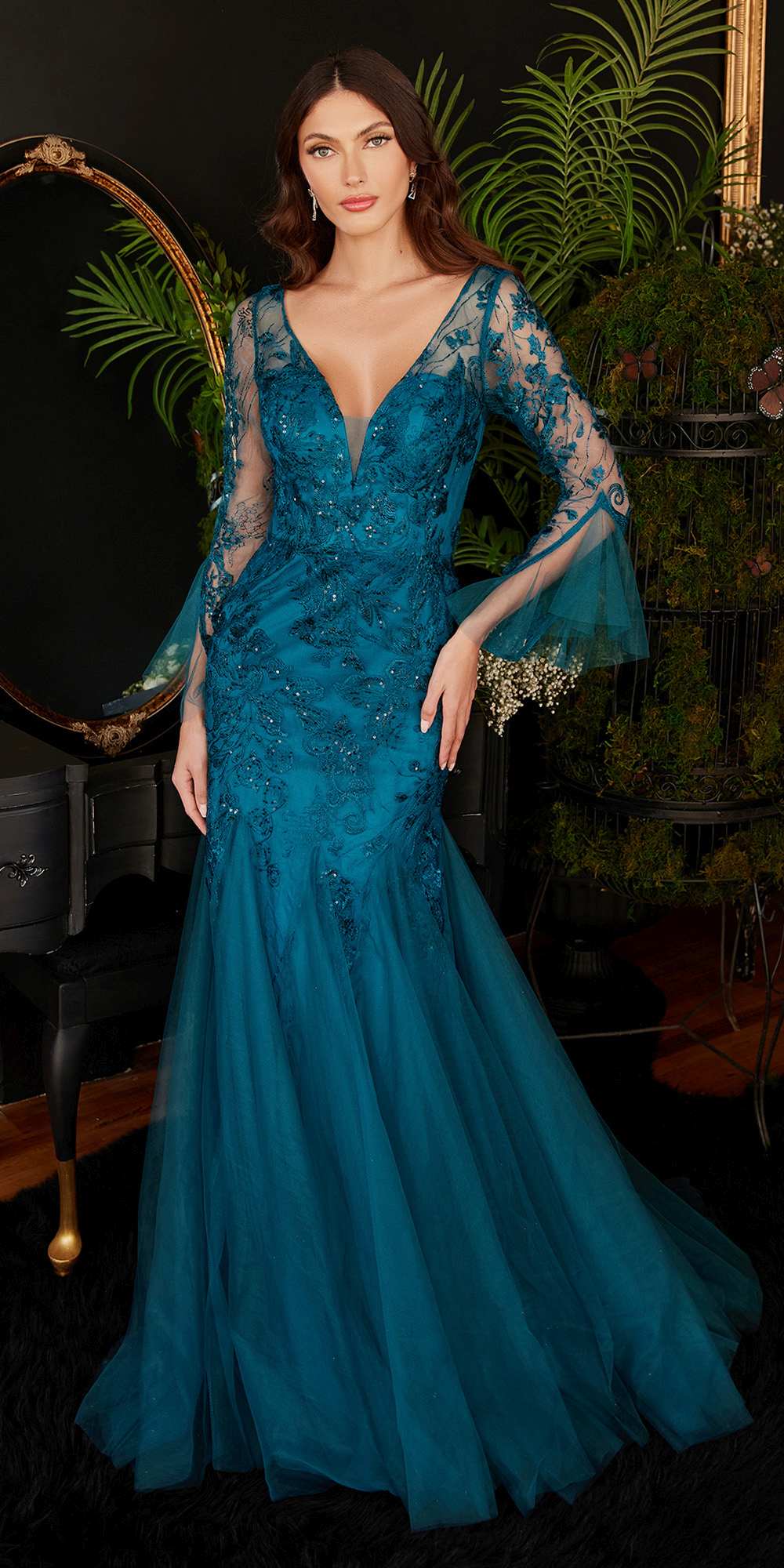 Ladivine CM327 Floor Length Mermaid Gown with Bell Sleeves by DiscountDressShop
