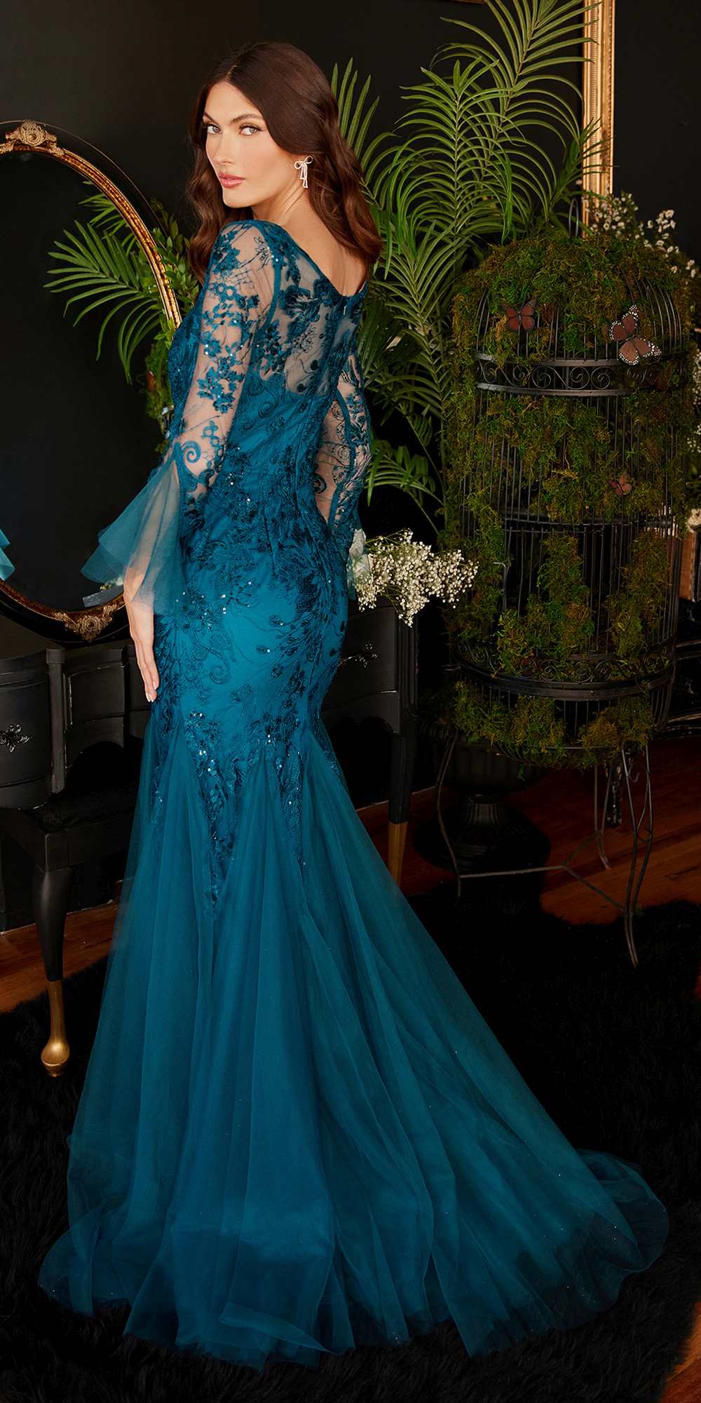 Ladivine CM327 Floor Length Mermaid Gown with Bell Sleeves by DiscountDressShop