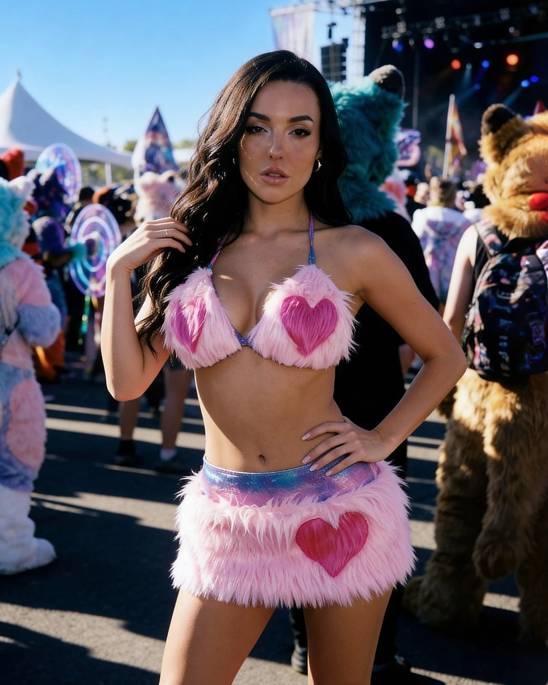 Faux Fur Heart Halter Top & Mini Skirt Rave Set DestGlow