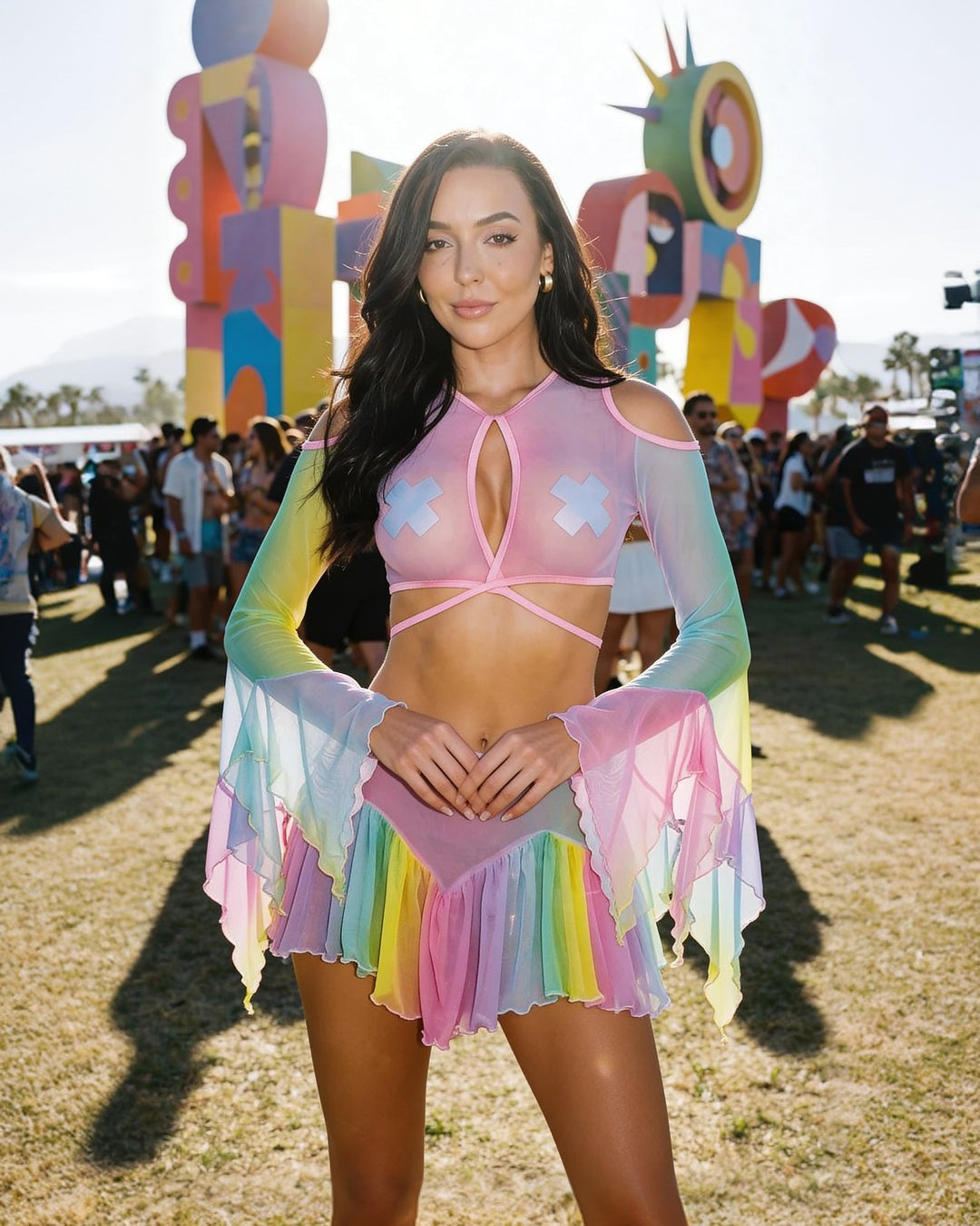 Rainbow Mesh Flow Top & Skirt Set by Rave Fix
