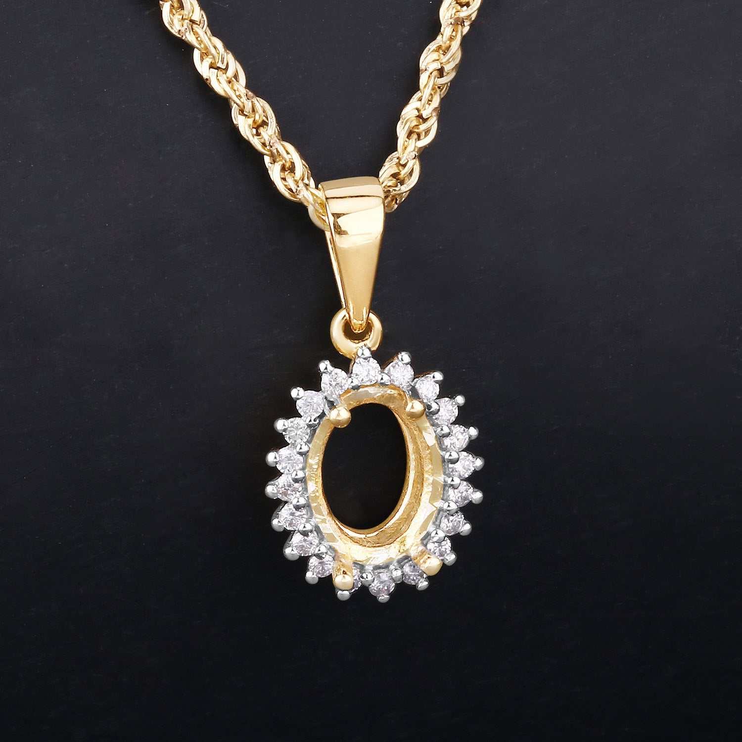 0.13 Carat Genuine White Diamond 14K Yellow Gold Semi Mount Pendant - holds 8x6mm Oval Gemstone by Bids.com