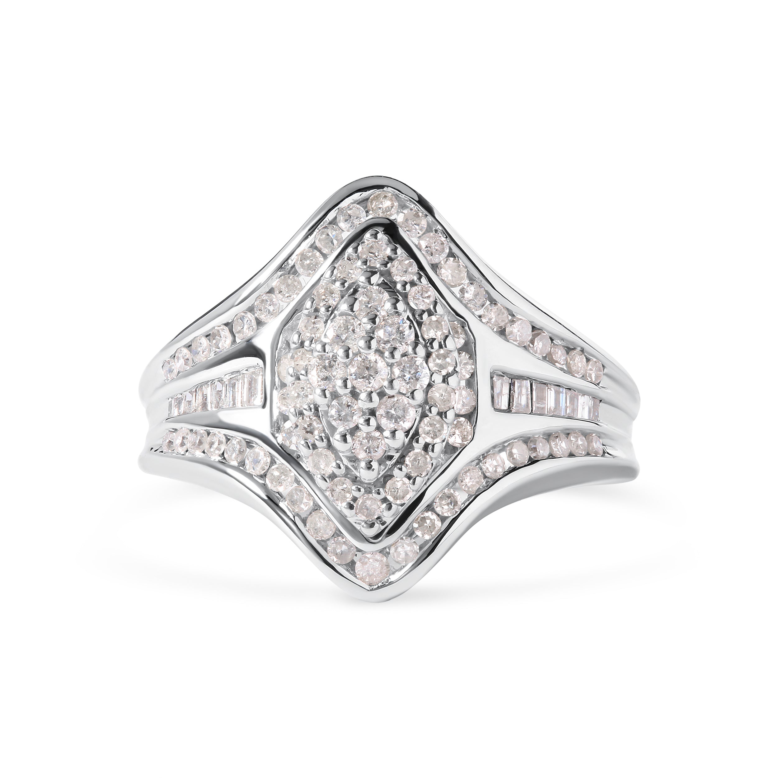 14K White Gold 3/4 Cttw Round and Baguette cut Diamond Cluster Ring (H-I Color, I1-I2 Clarity) DestGlow