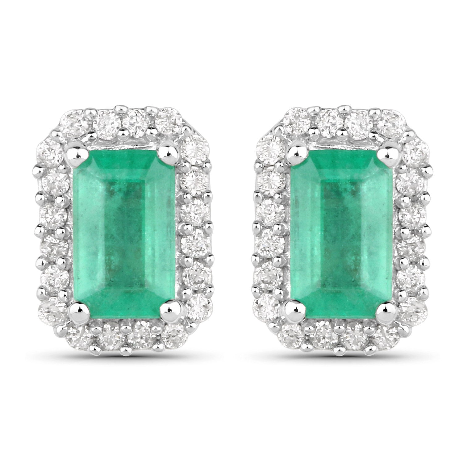 0.91 Carat Genuine Zambian Emerald and White Diamond 14K White Gold Earrings