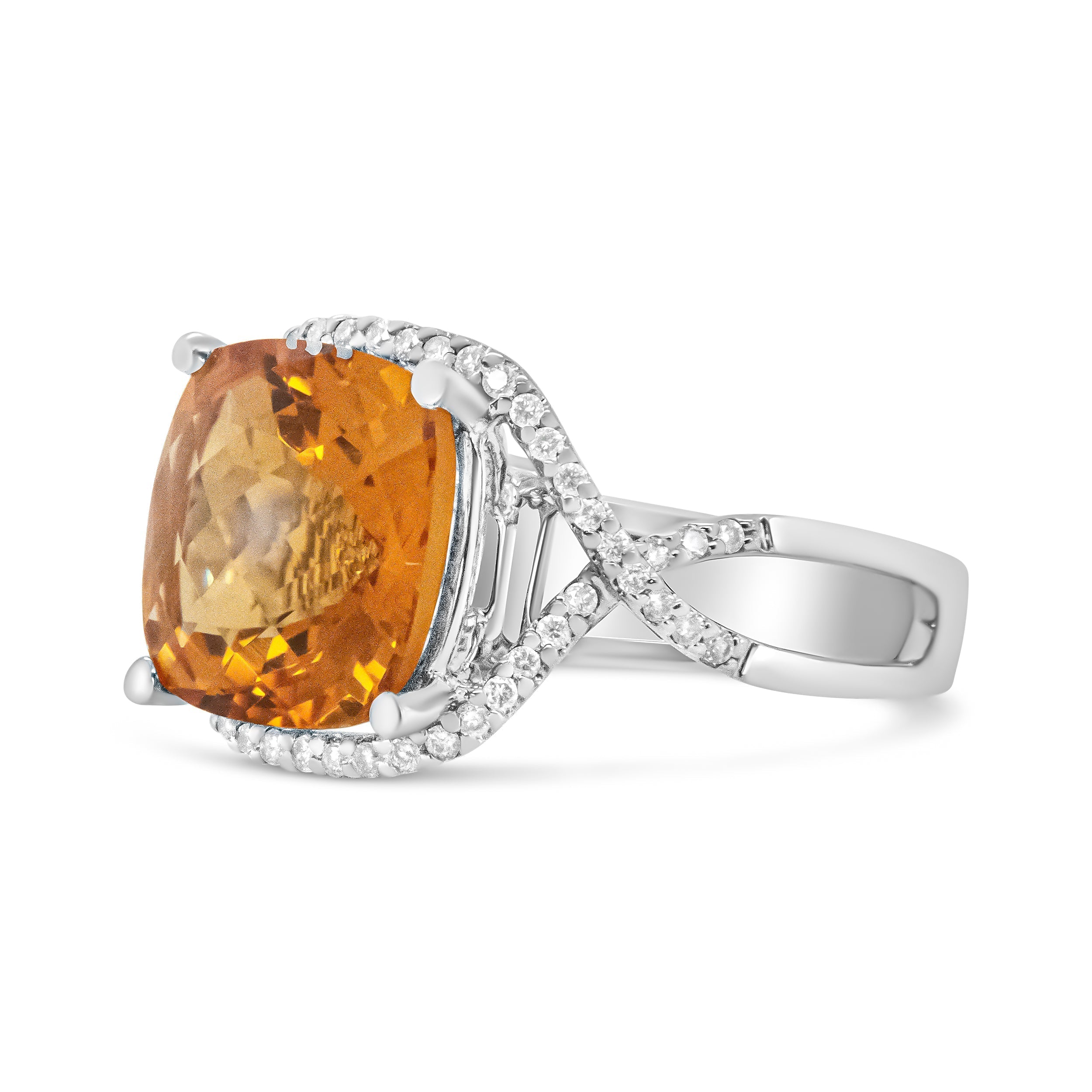 14K White Gold 12mm Cushion Cut Yellow Citrine Gemstone and 1/3 Cttw Round Pave-Set Diamond Ring - (H-I Color, VS1-VS2 Clarity)- Size 6.5 DestGlow