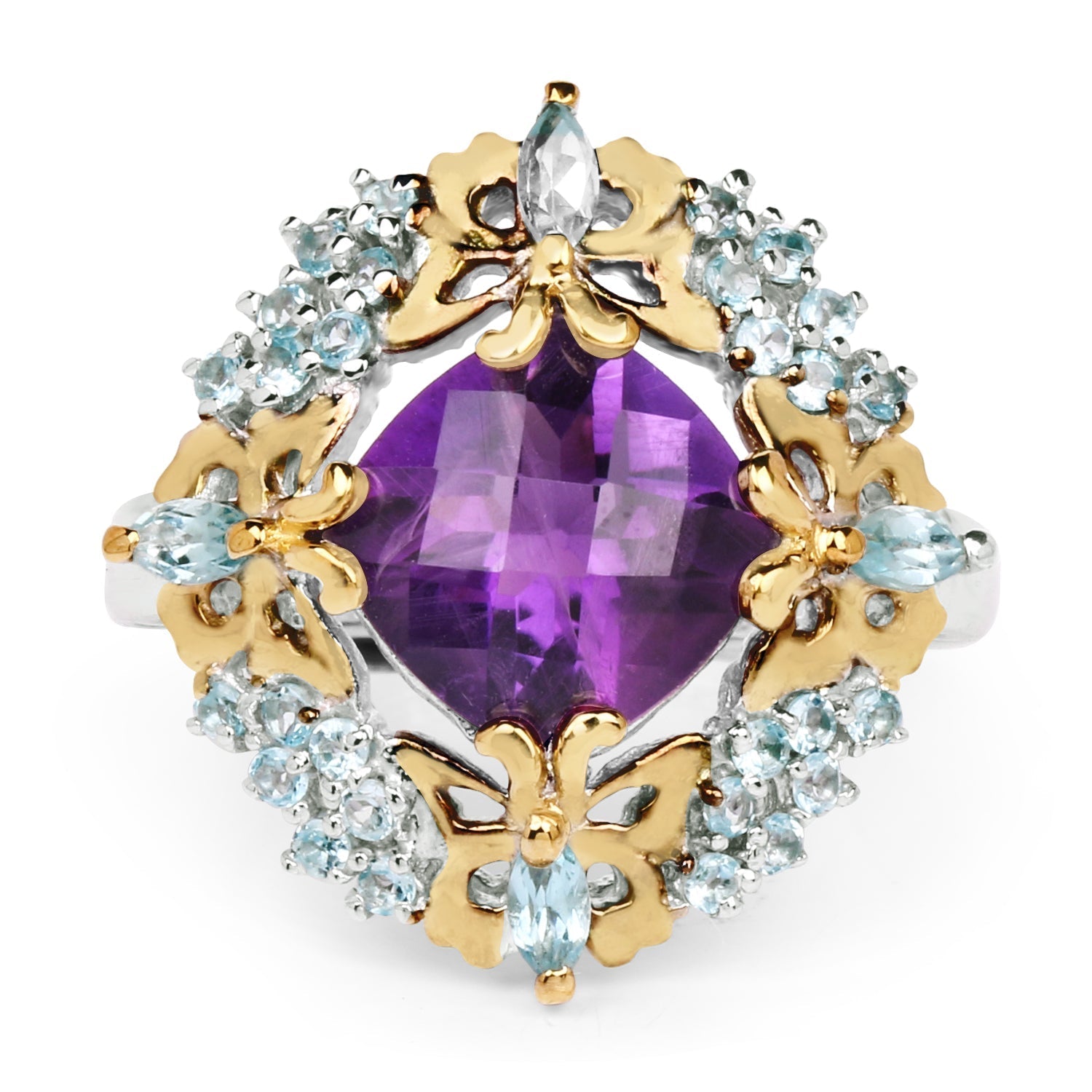 Two Tone Plated 4.45 Carat Genuine Amethyst & Blue Topaz .925 Sterling Silver Ring DestGlow