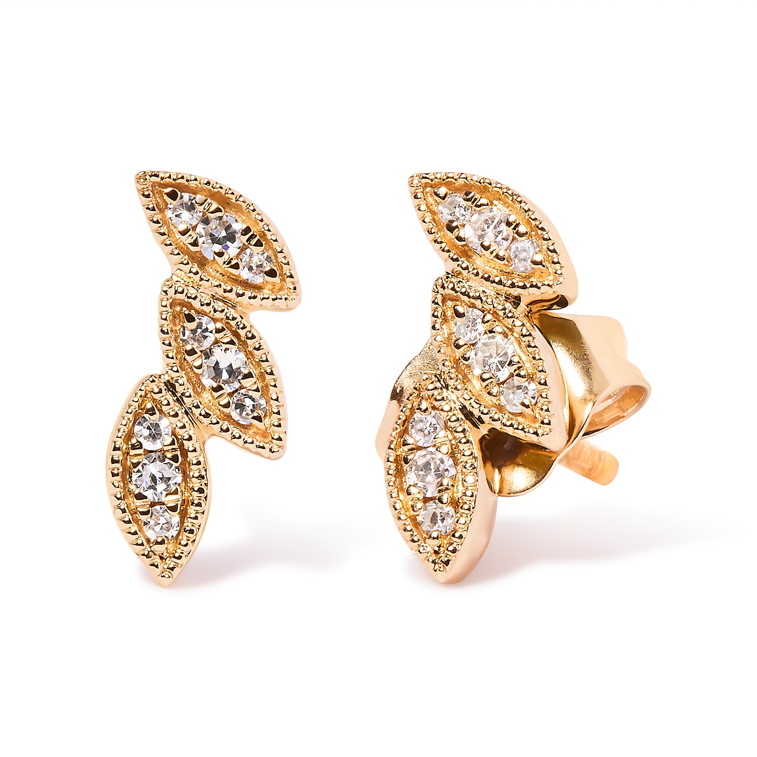 10K Yellow Gold 1/10 Cttw Diamond Triple Leaf Stud Earring (H-I Color, I1-I2 Clarity) DestGlow