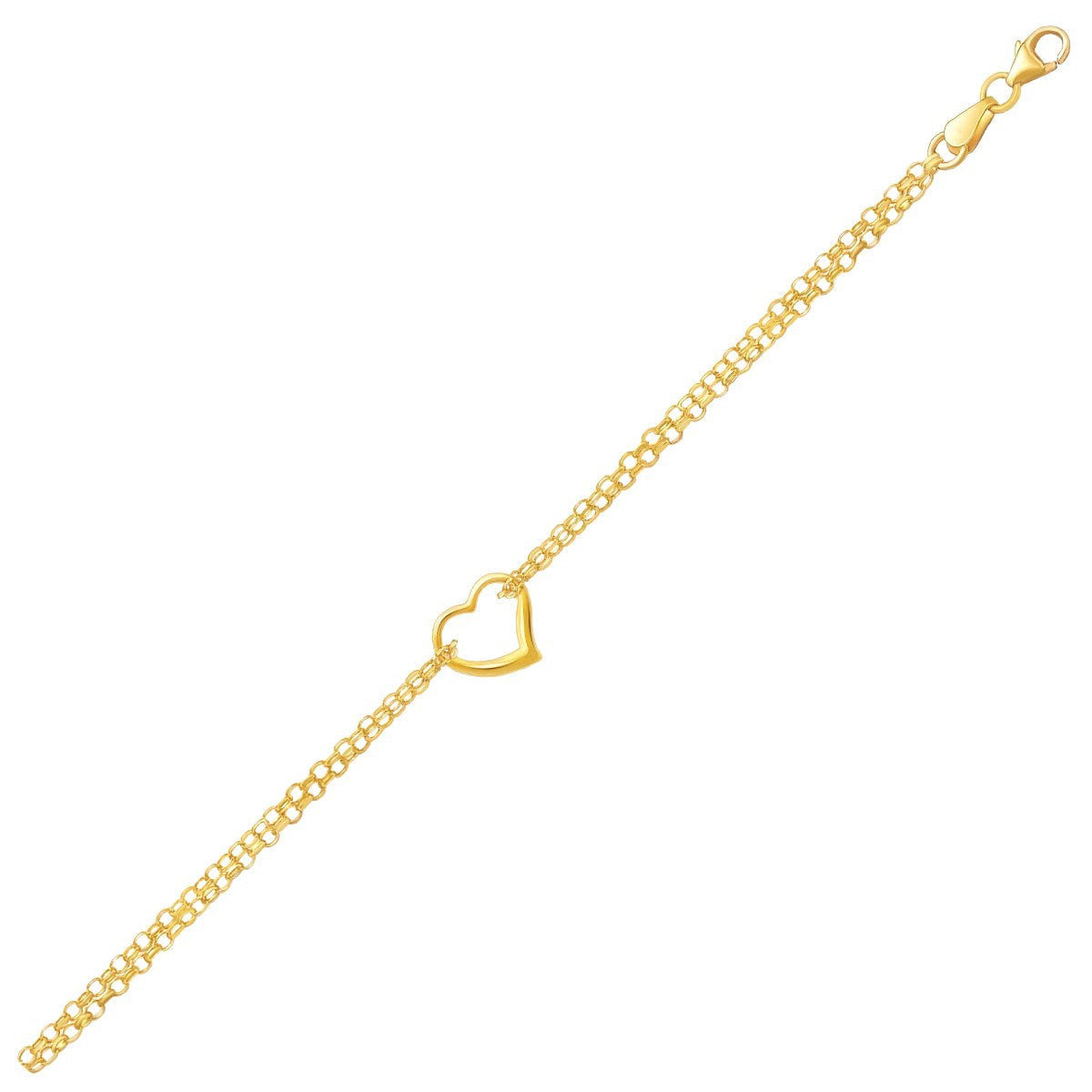 10k Yellow Gold Double Rolo Chain Anklet with an Open Heart Station DestGlow