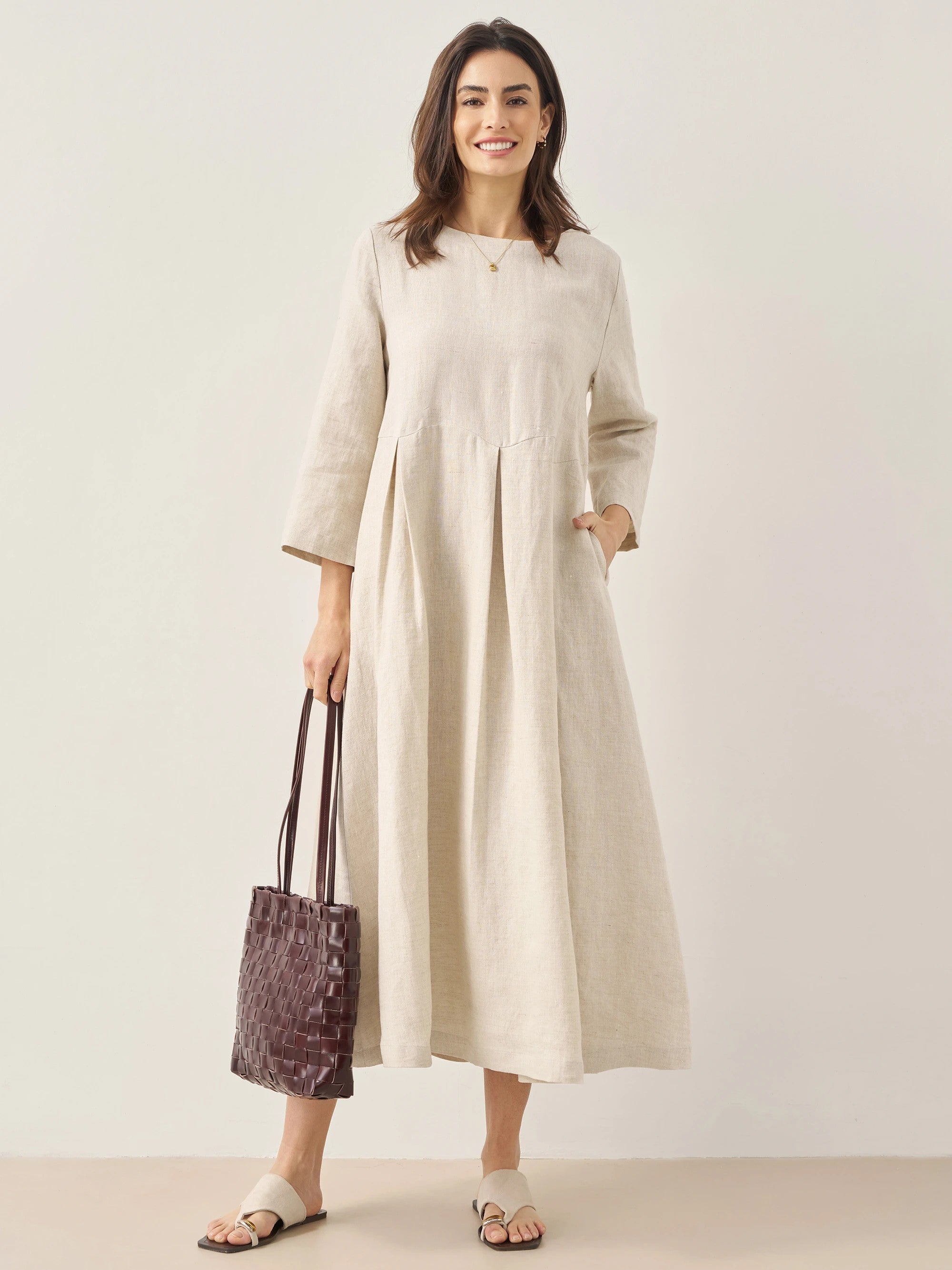 100% Linen Bateau Neck Pleated Midi Dress ABIGAIL DestGlow