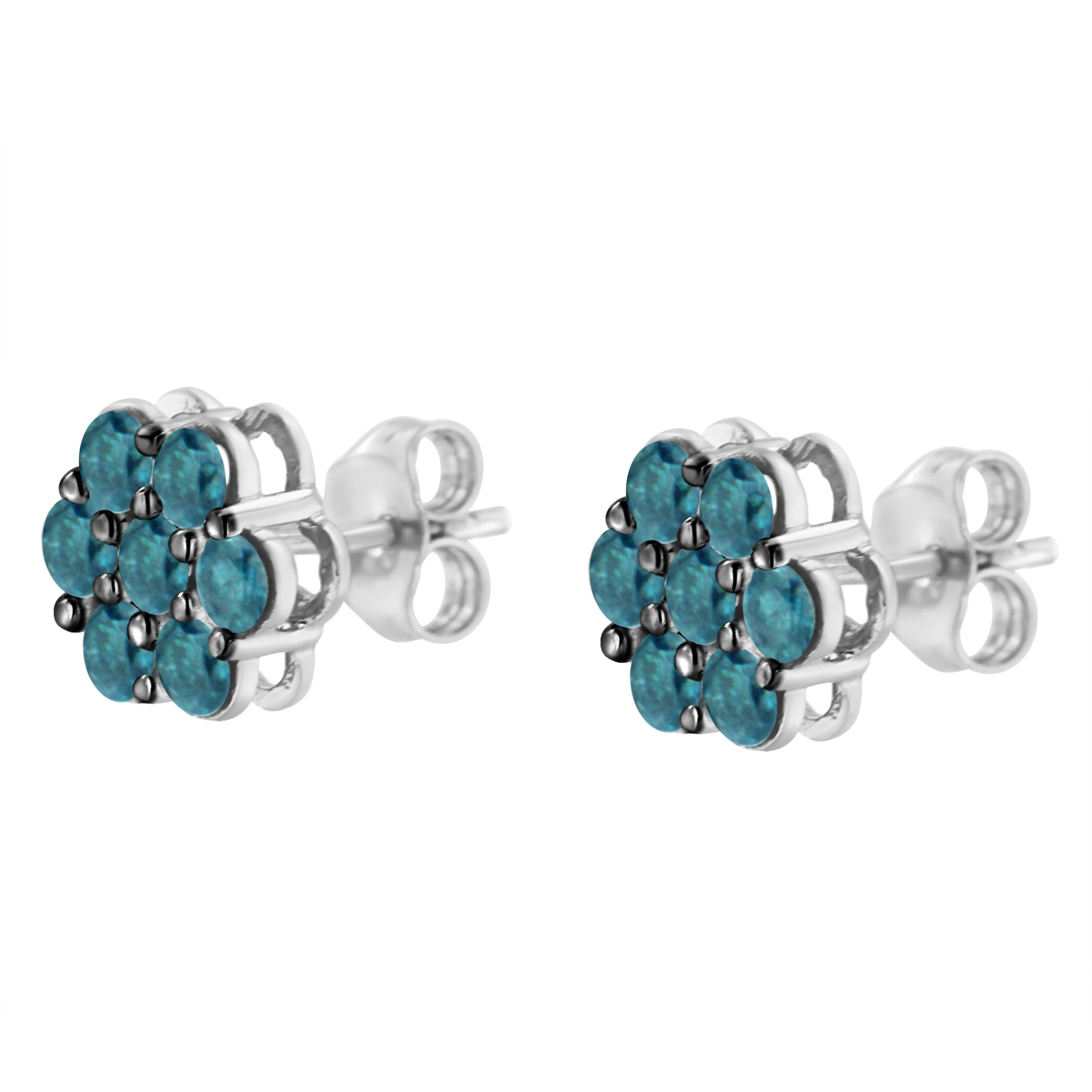 Sterling Silver Treated Blue Diamond Floral Stud Earrings (1 cttw, Blue Color, I2-I3 Clarity) by Bids.com